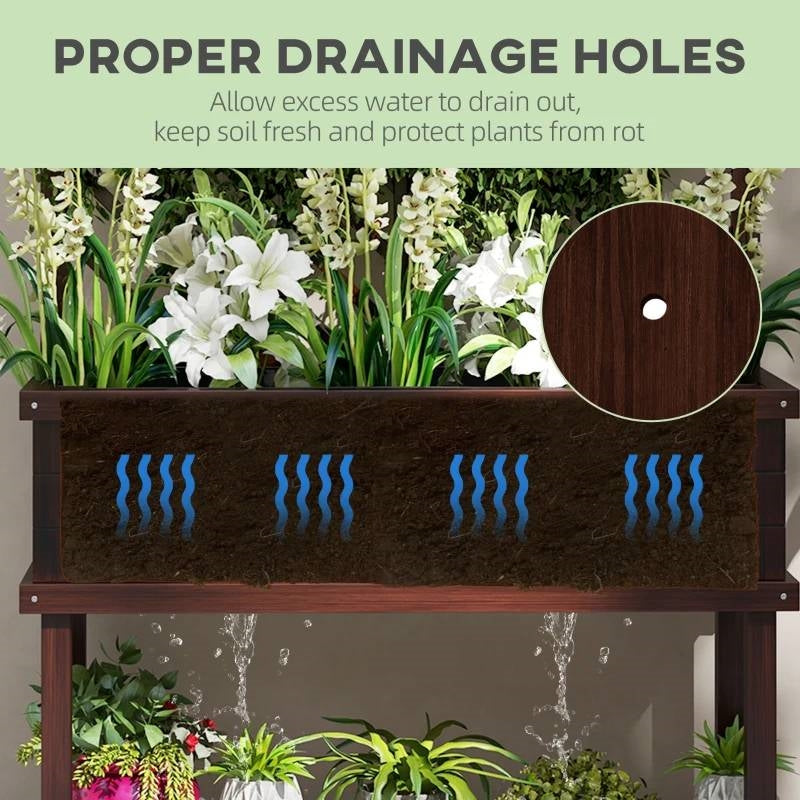 Wooden planter with plants and proper drainage holes highlighted, on a light green background. Henderson Garden Supply