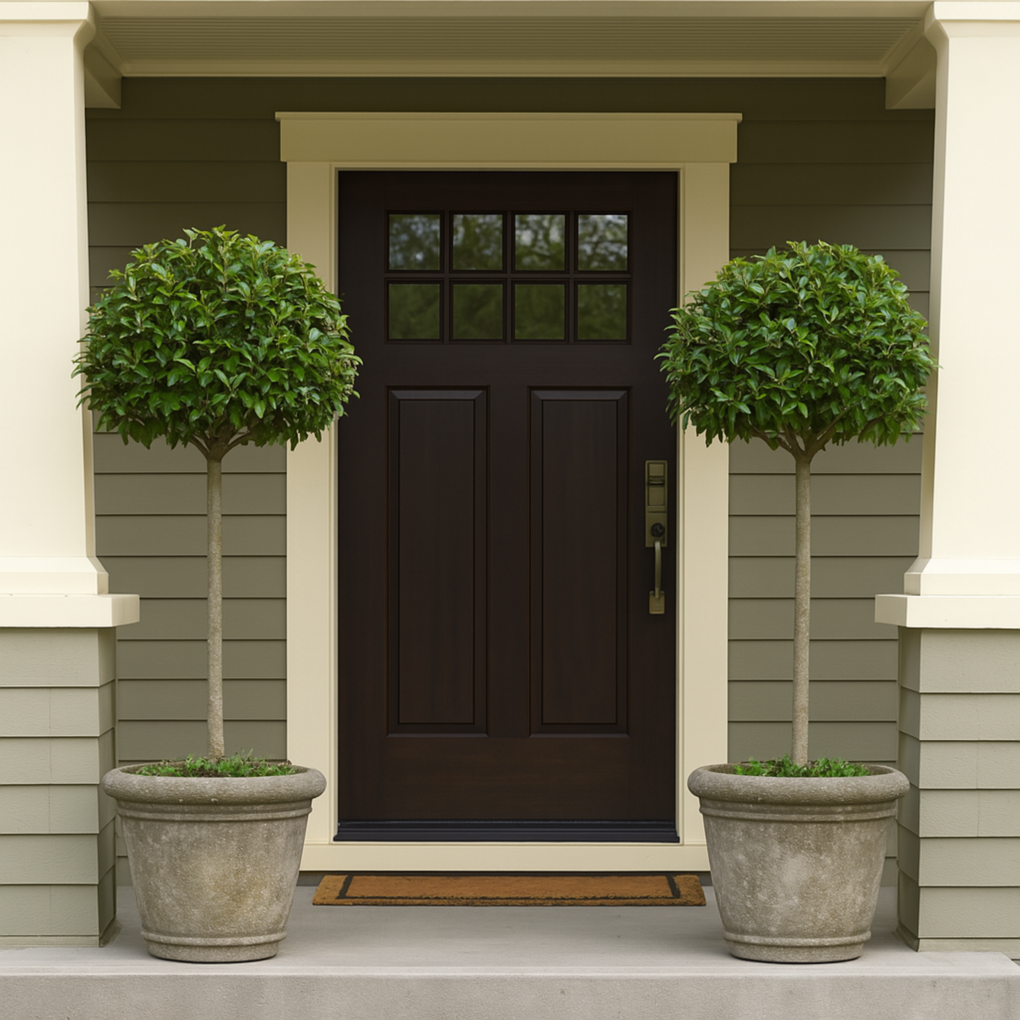 Front door of a house with two potted trees on either side. Henderson Garden Supply