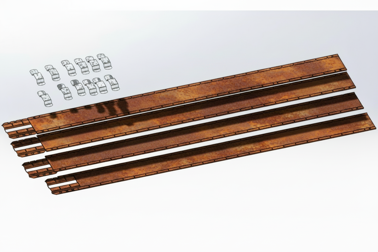 A garden bed edging system made of weathering steel, showing a mix of brown and gray colors - Henderson Garden Supply