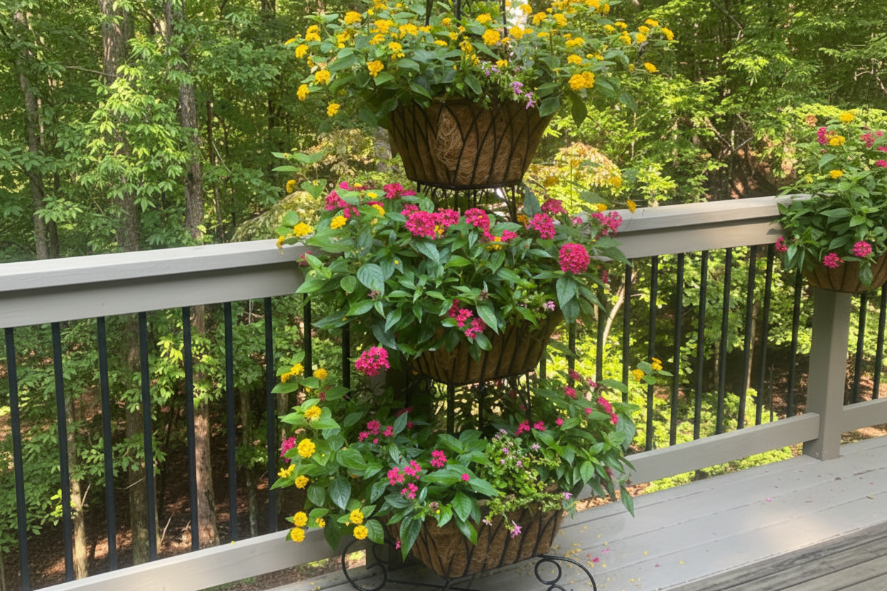 Pamela Crawford 3 tiered planter with ornate steel baskets showin on a deck with pink and yellow flowering plants. Henderson Garden Supply