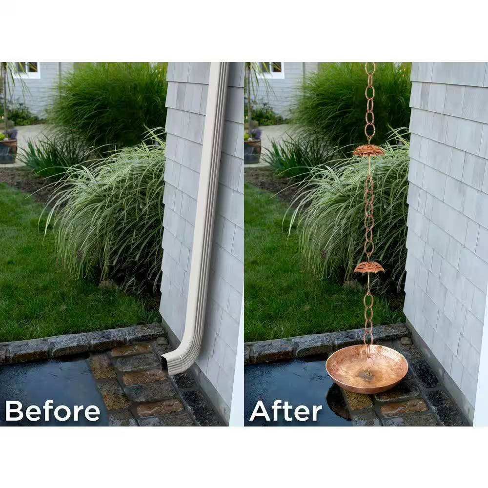 Before and after comparison of a rain chain installation on a house exterior. Henderson Garden Supply