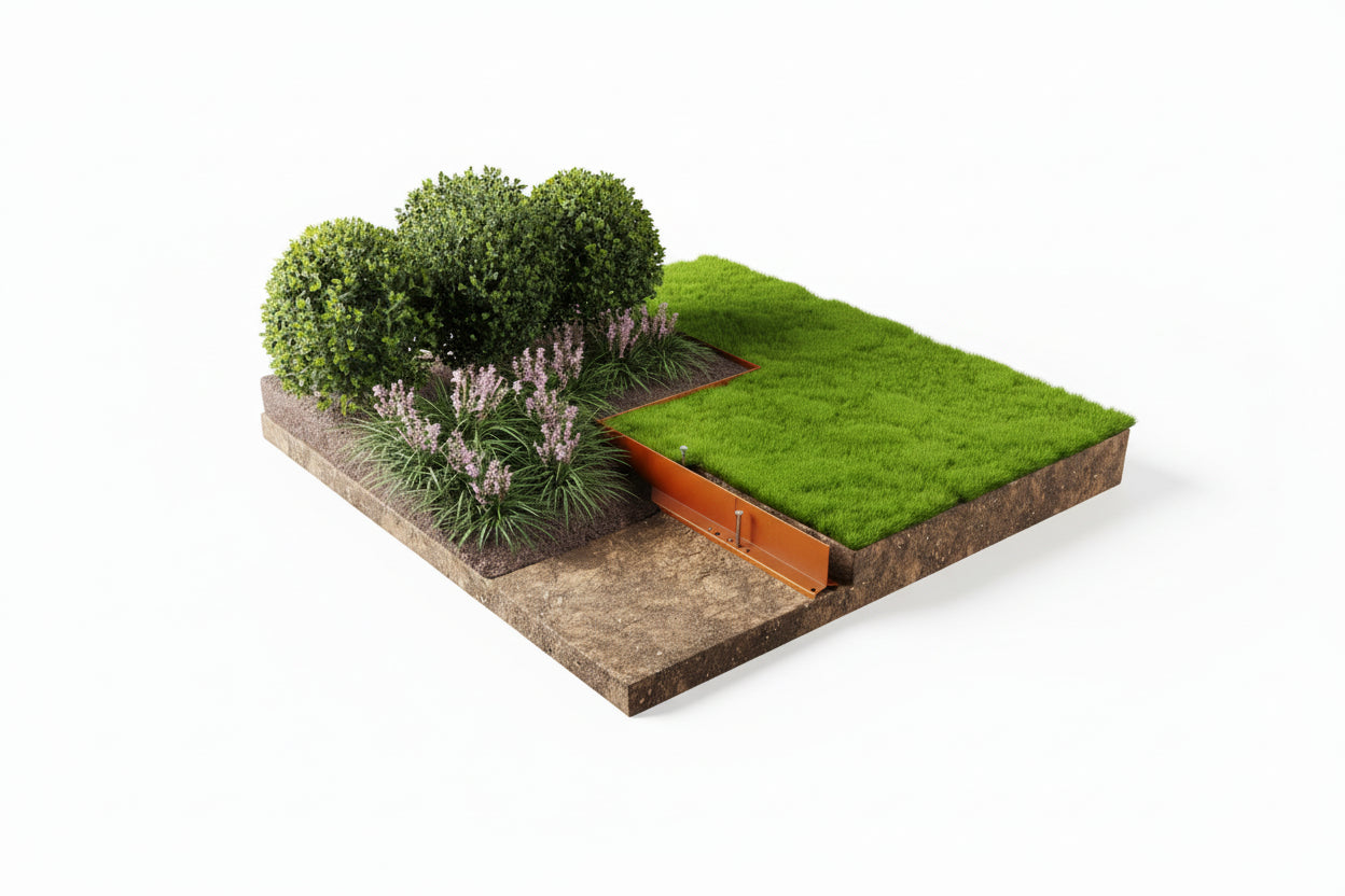 Cross-sectional model of a garden with grass, plants, and a small building on a white background. Henderson Garden Supply
