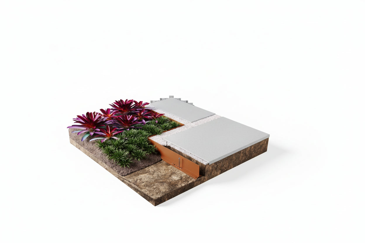 Model of using the zero flex 6" garden edging as a divider between concrete and much on a white background Henderson Garden Supply