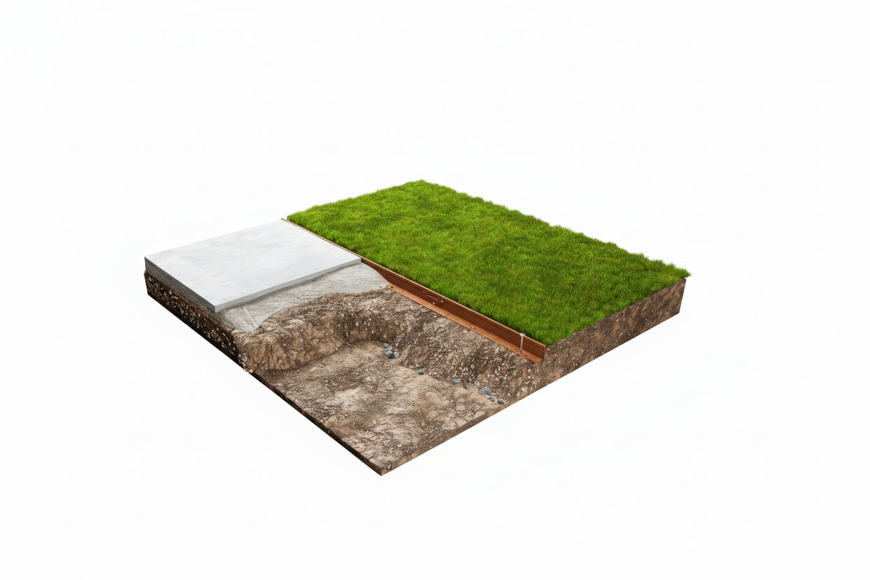 Cross-section of a roof with green grass on top, concrete base, and soil layer. Henderson Garden Supply
