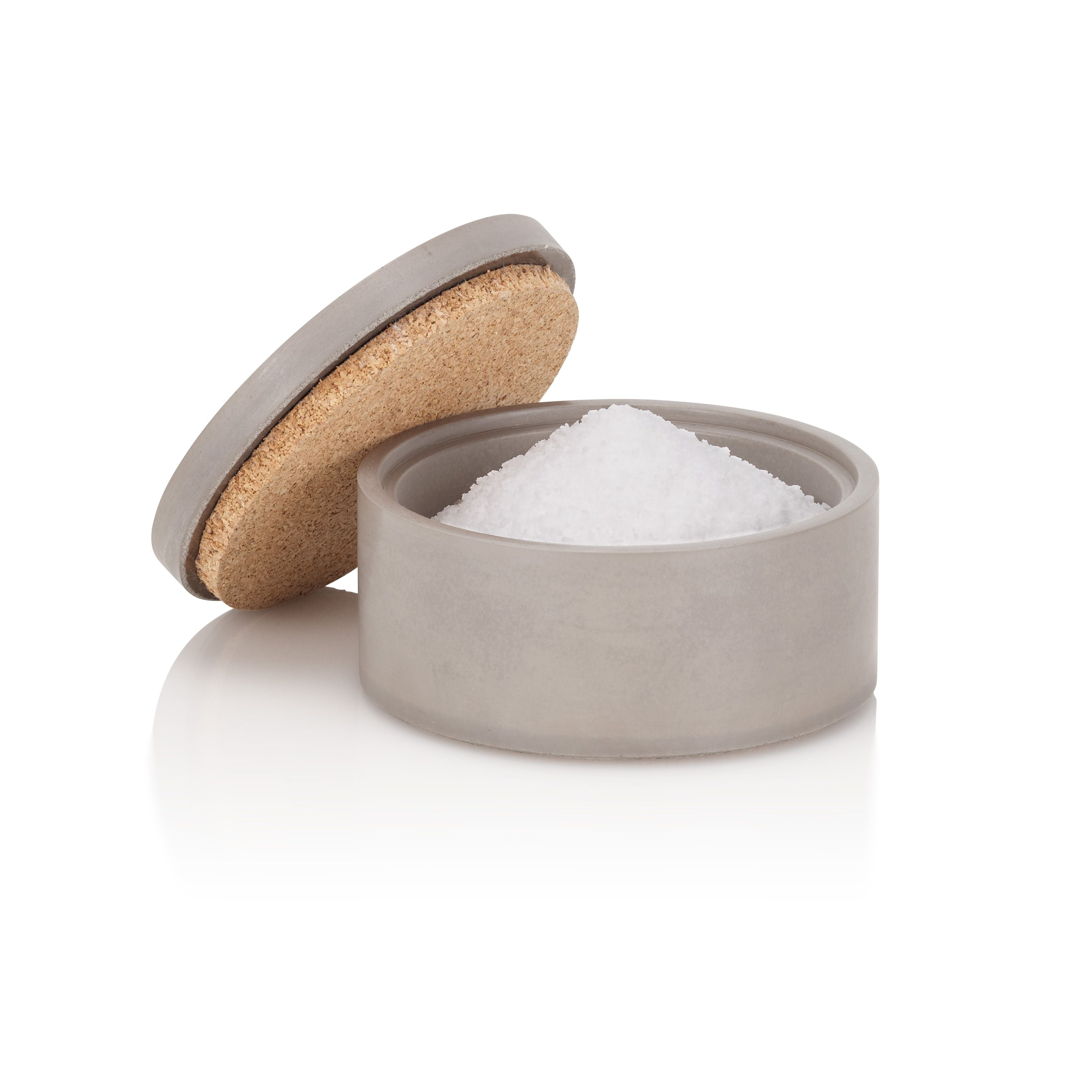 Gray ceramic salt container with cork lid on a white background. Henderson Garden Supply