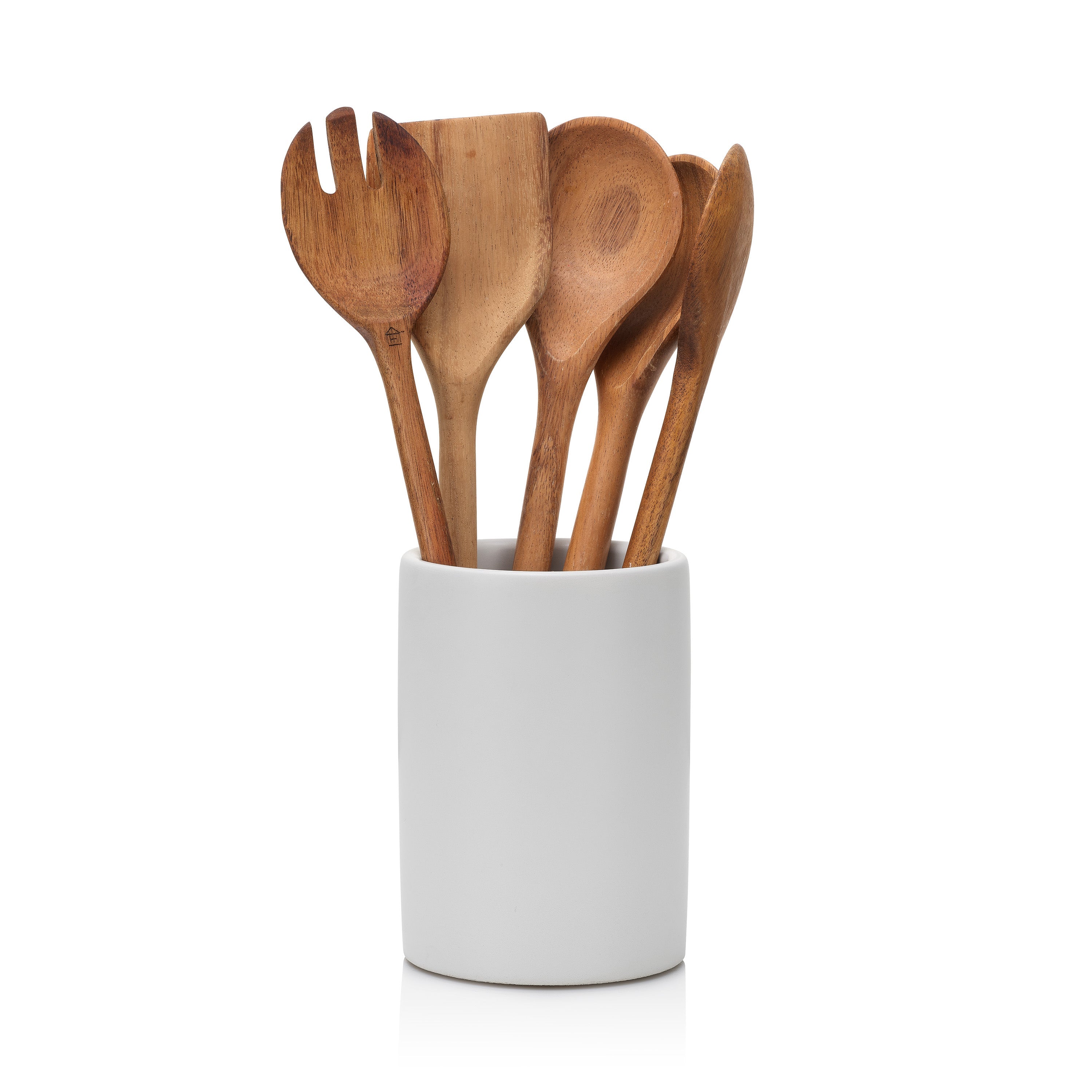 Set of wooden utensils in a white container on a white background. Henderson Garden Supply
