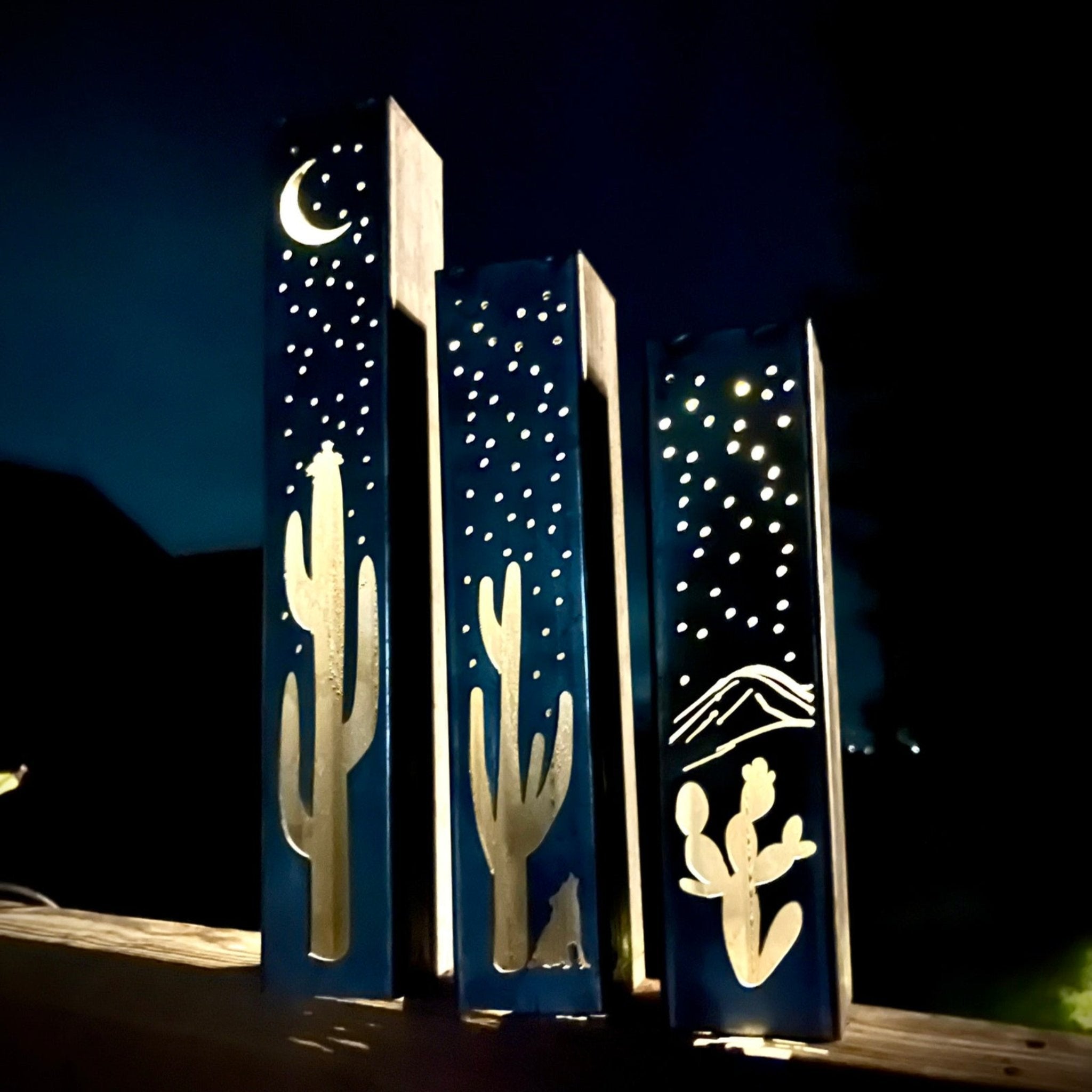 Desert Night Luminary Pillar w/ Solar Cap - Hollow Cactus