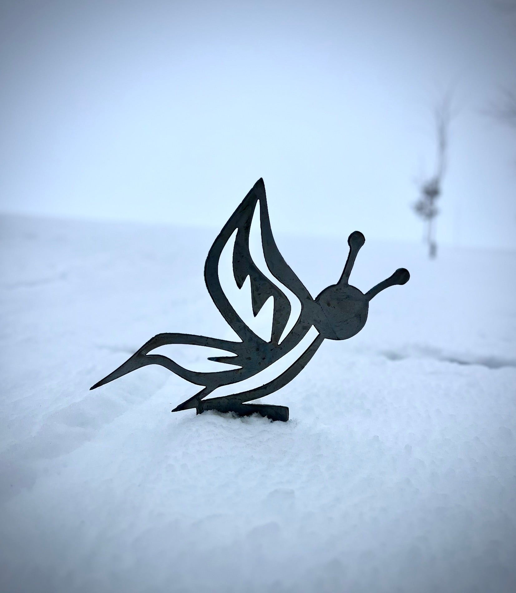 Black butterfly-shaped object on a snowy background. Henderson Garden Supply