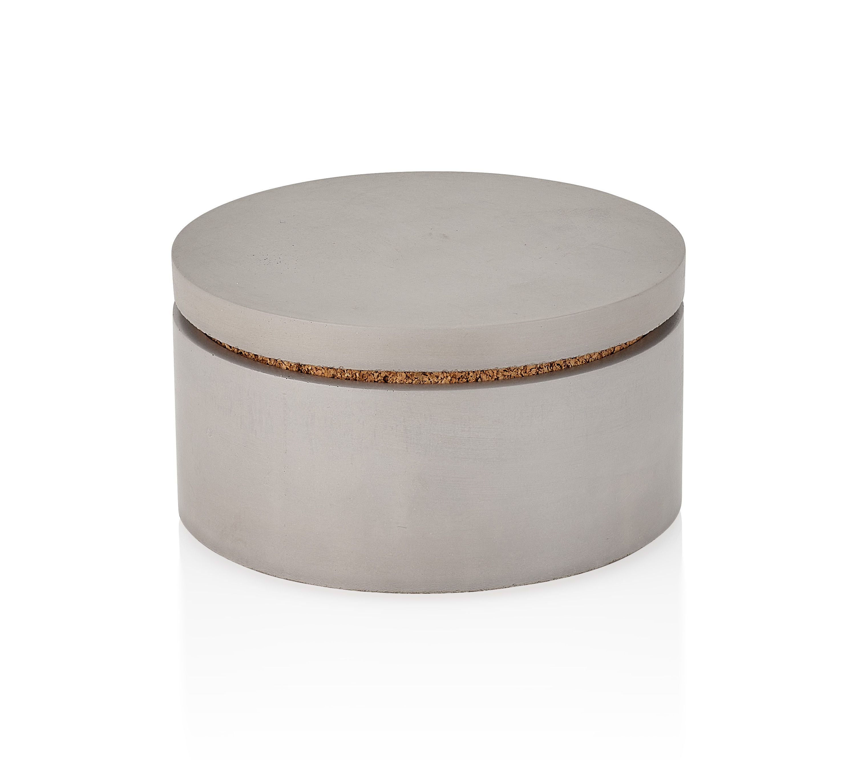 Round concrete box with a cork interior on a white background. Henderson Garden Supply