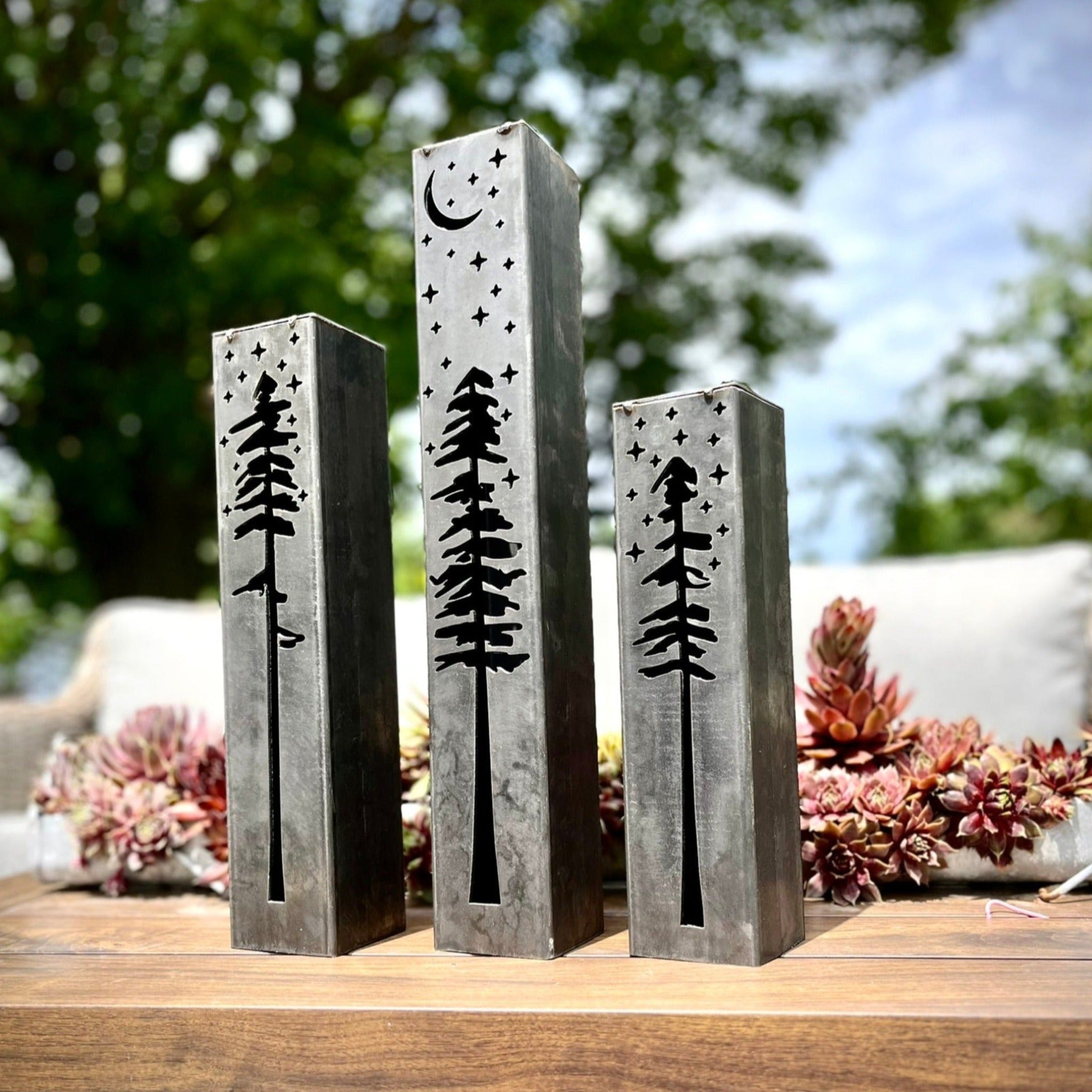 Pine Tree Night Sky Luminary Pillar w/ Solar Cap | 12-inch, 14-inch, 16-inch