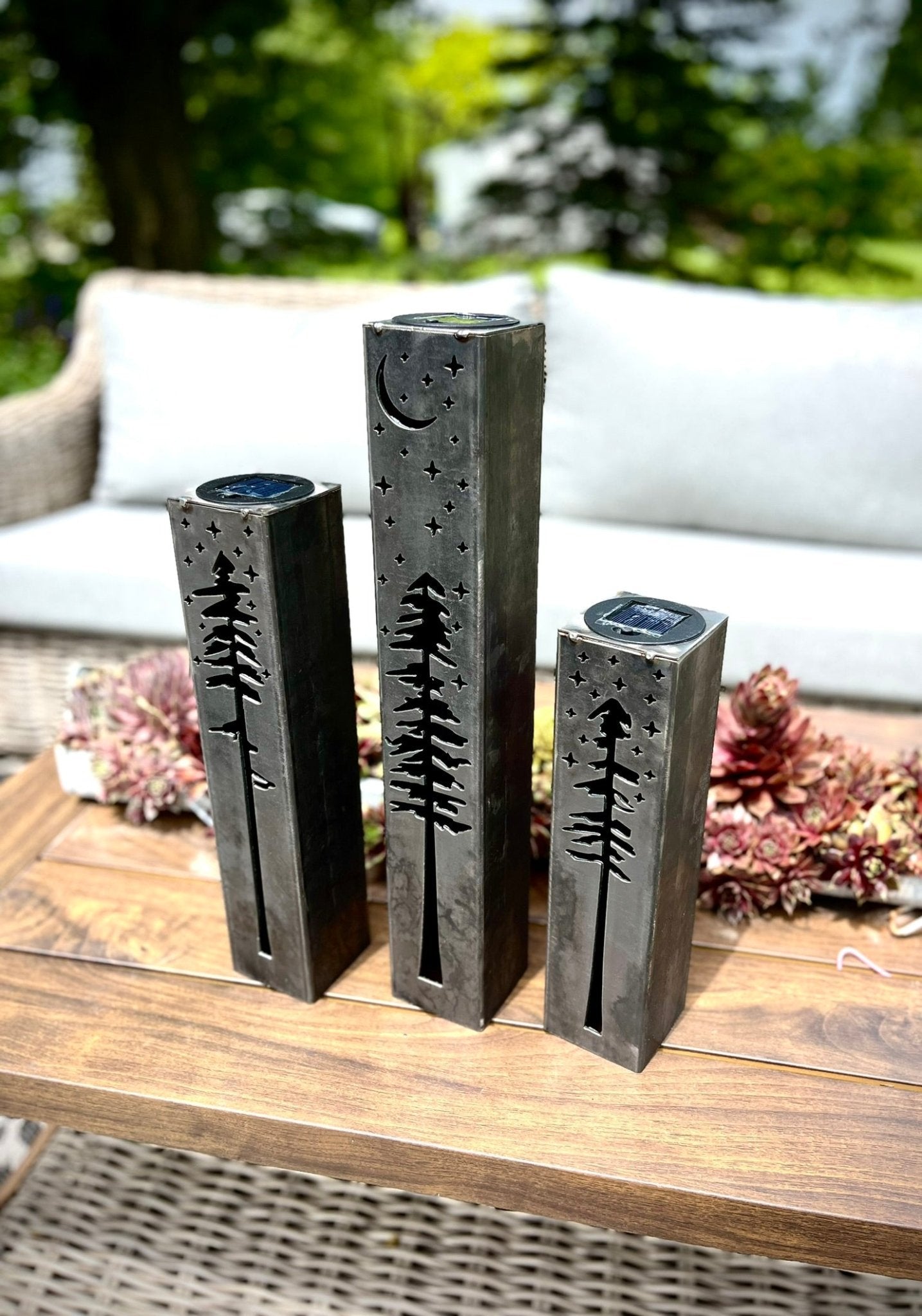 Pine Tree Night Sky Luminary Pillar w/ Solar Cap | 12-inch, 14-inch, 16-inch