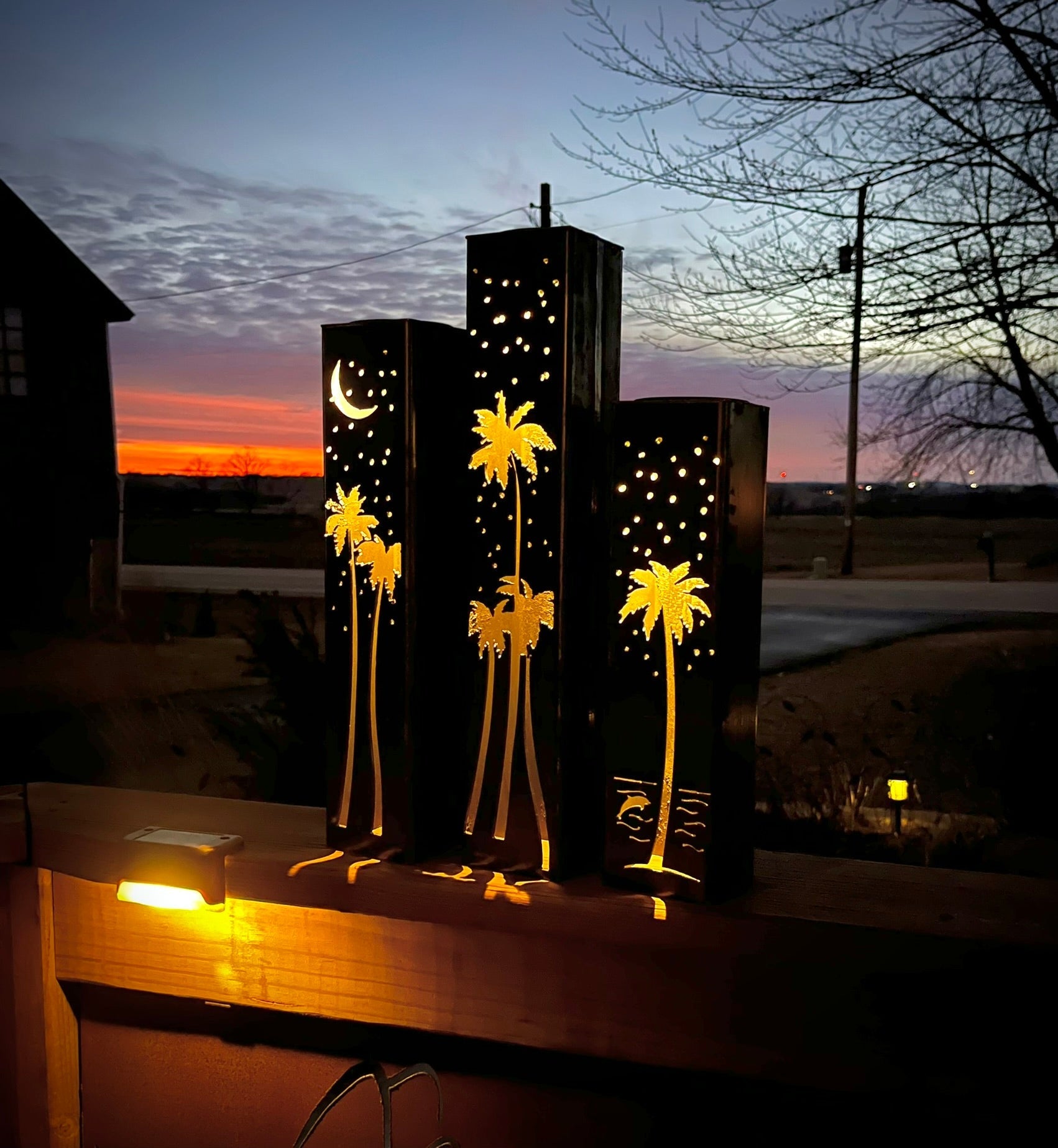 Palm Trees Under the Stars Luminary Pillars w/ Solar Cap