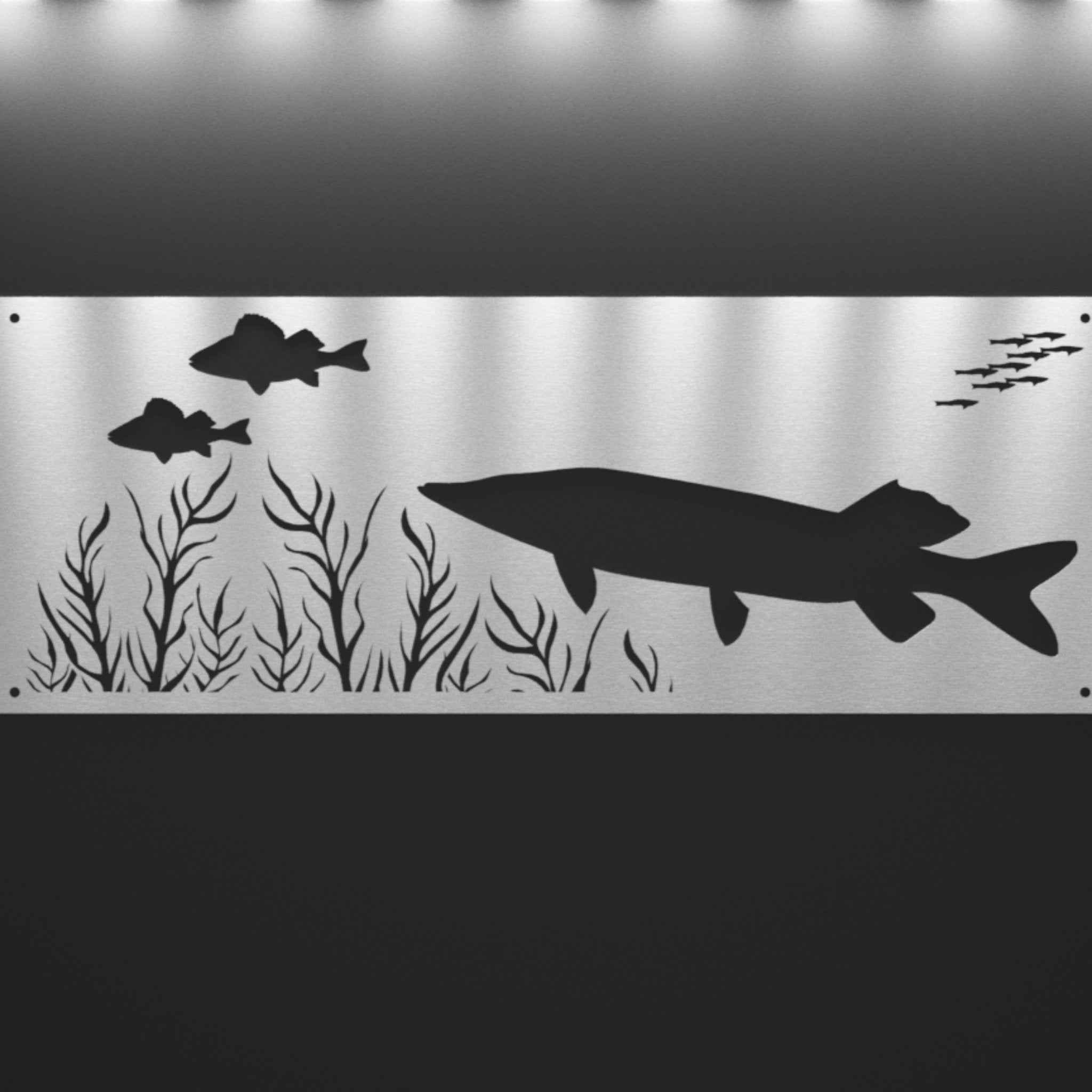 Decorative metal panel with black fish and underwater plant designs on a gray background. Henderson Garden Supply