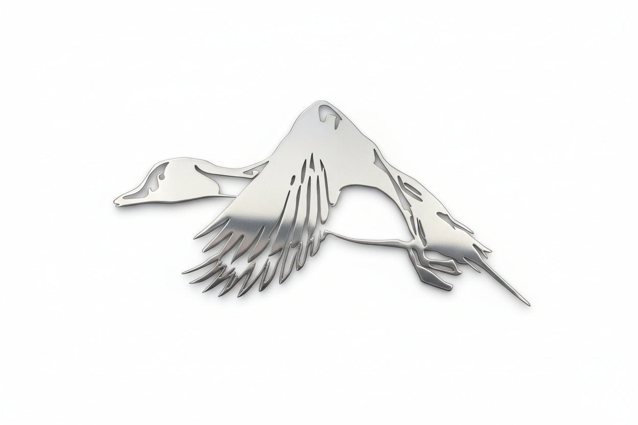 Polished steel silhouette of a flying duck on a white background. - Henderson Garden Supply