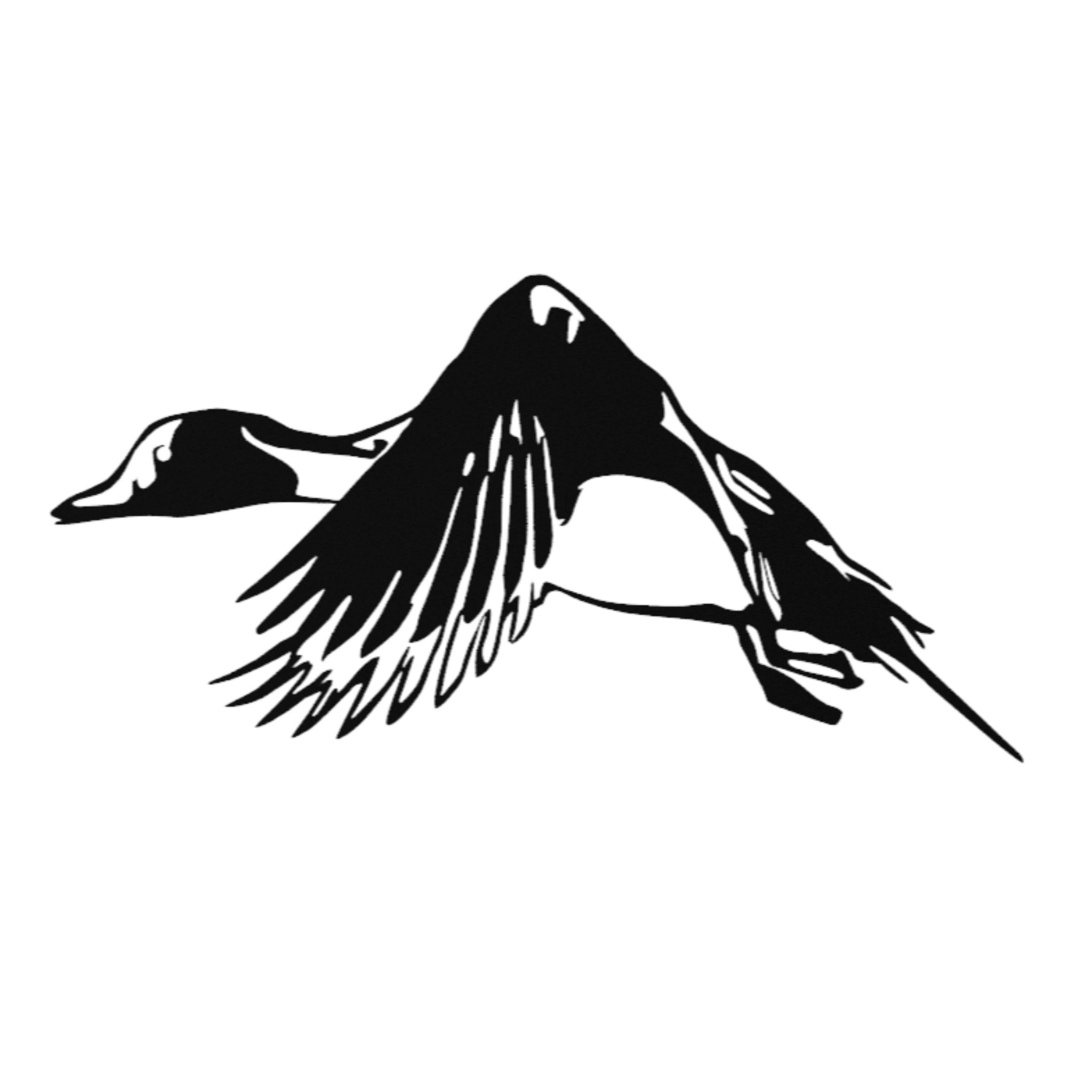 Black silhouette of a flying duck on a white background. Henderson Garden Supply