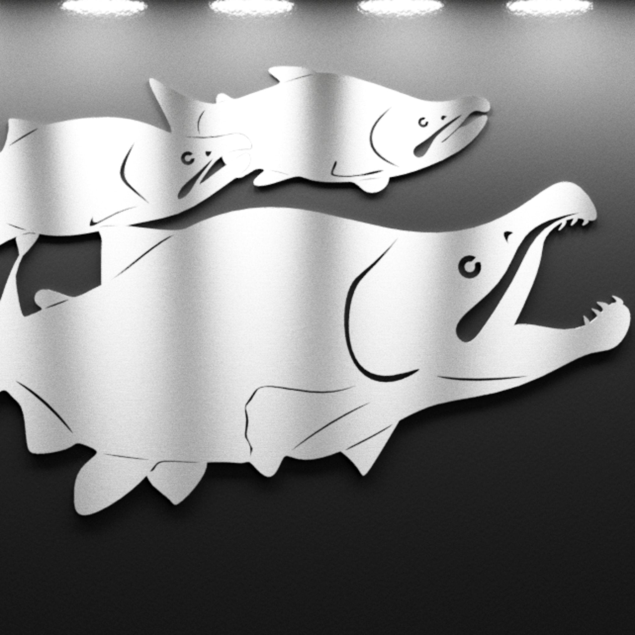 Metallic fish wall art on a reflective surface - Henderson Garden Supply