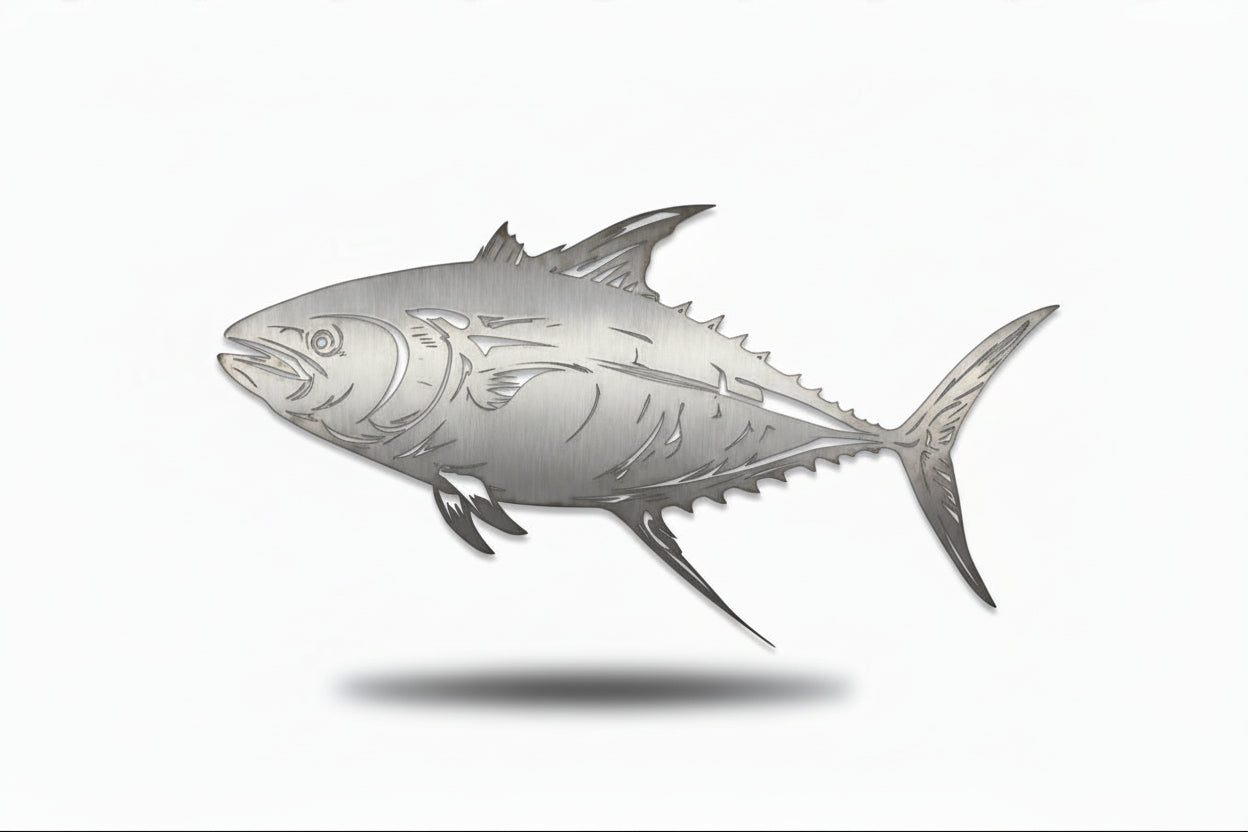 Metallic fish sculpture on a white background. Henderson Garden Supply