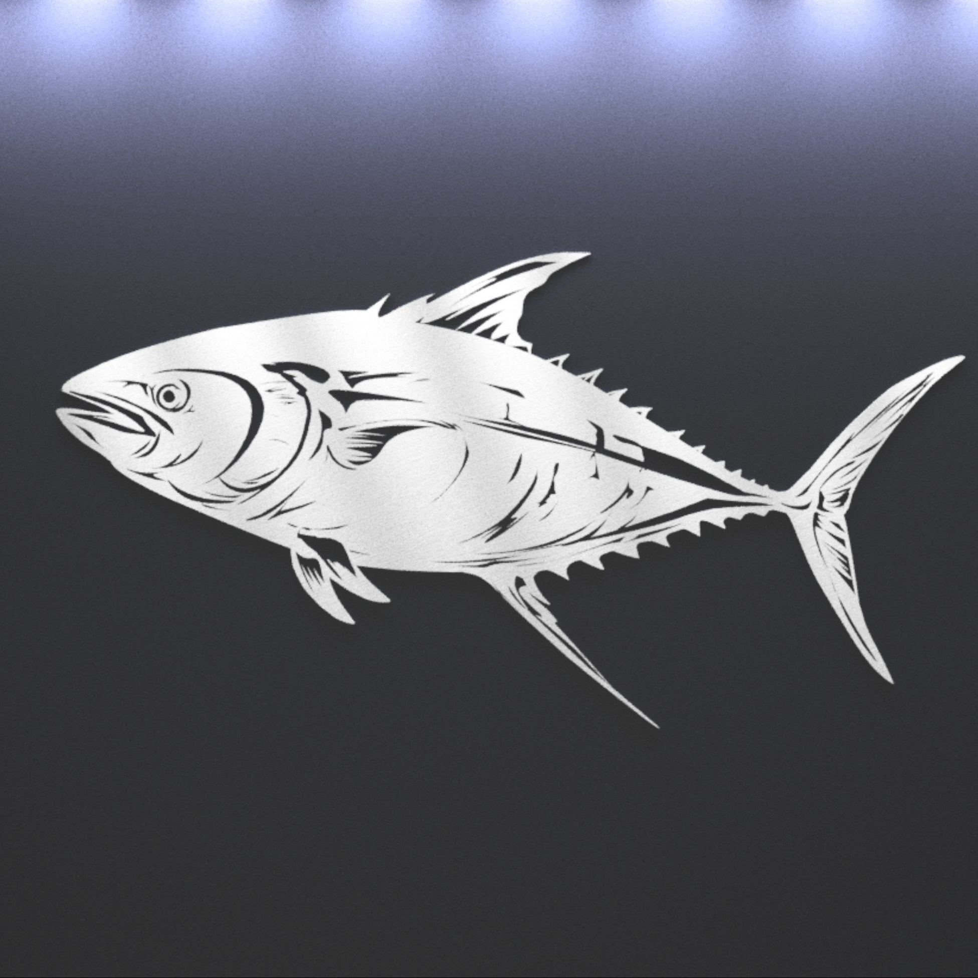 Metal wall art of a fish on a dark background. Henderson Garden Supply