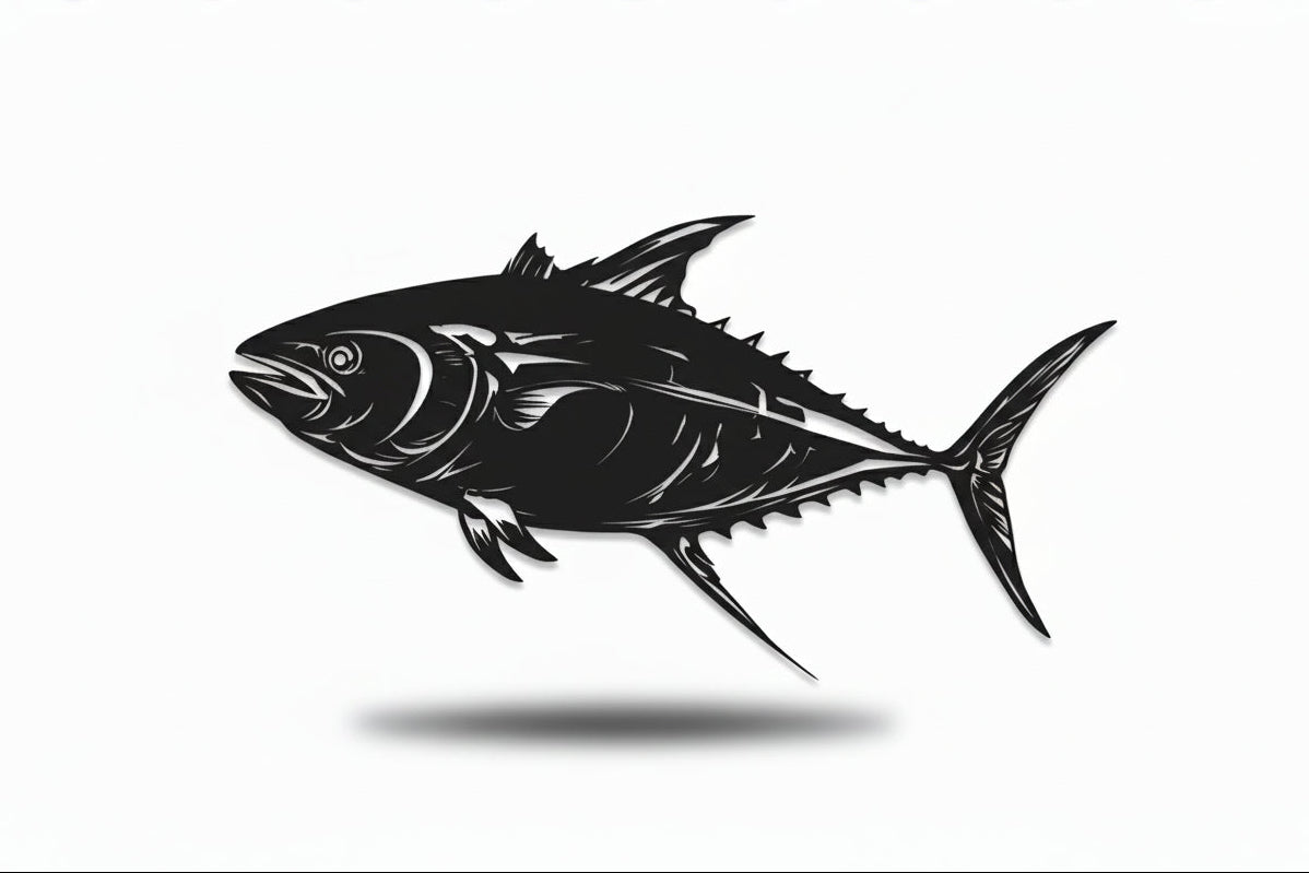 Black silhouette of a fish on a white background. Henderson Garden Supply
