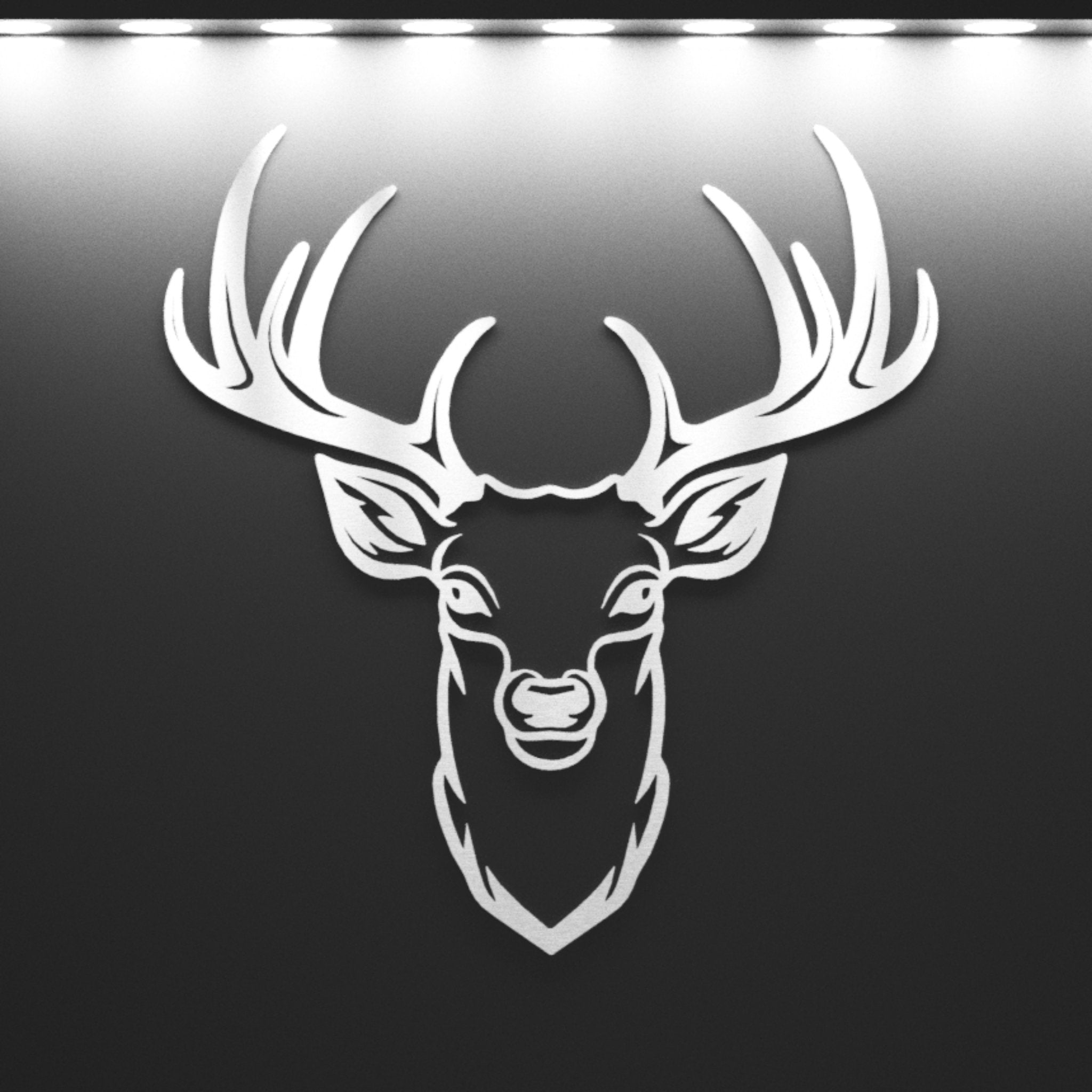 White silhouette of a deer head with large antlers on a black background - Henderson Garden Supply