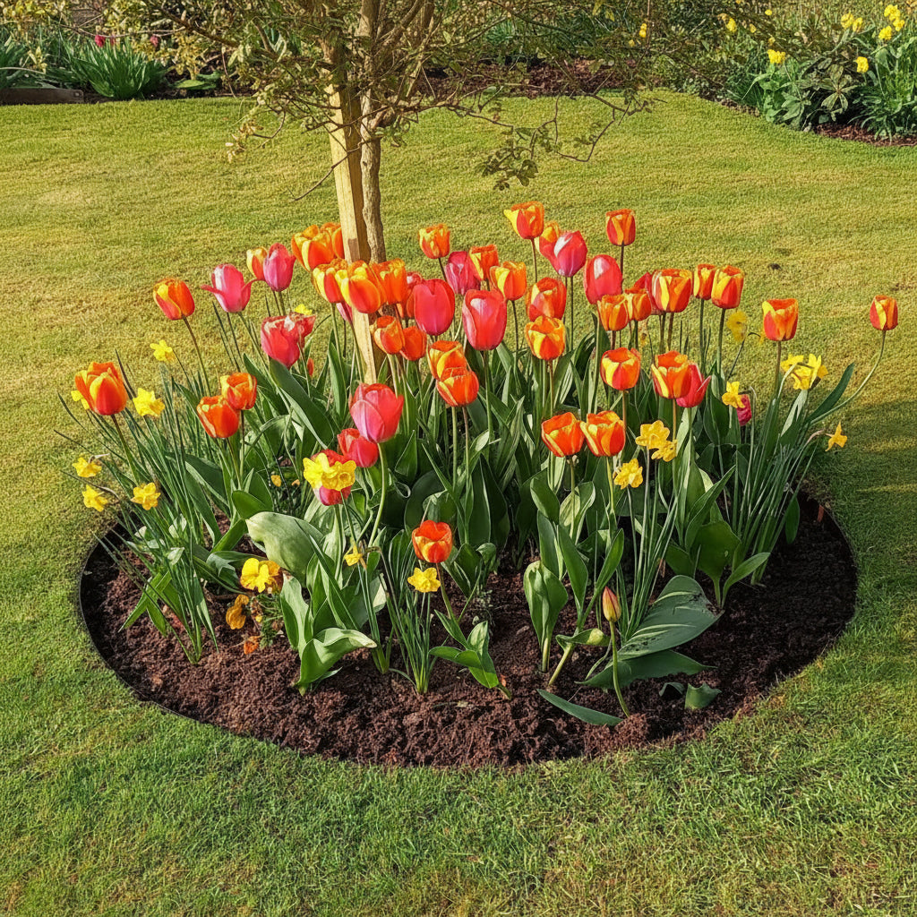 Everedge steel prerolled tree rings shown around a tree with tulips planted. Used as divider in a lawn. Henderson Garden Supply