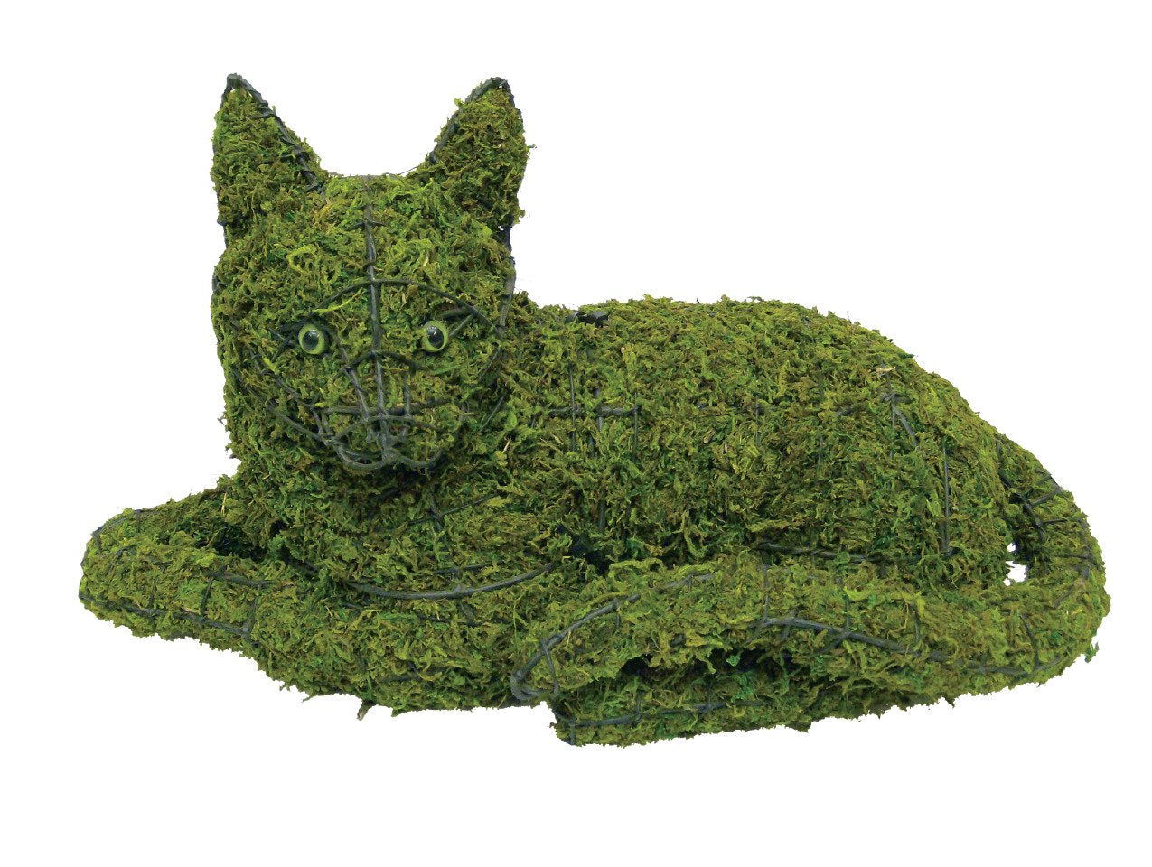Cat lying down steel topiary frame filled with grren dyed sphagnum moss - Henderson Garden Supply