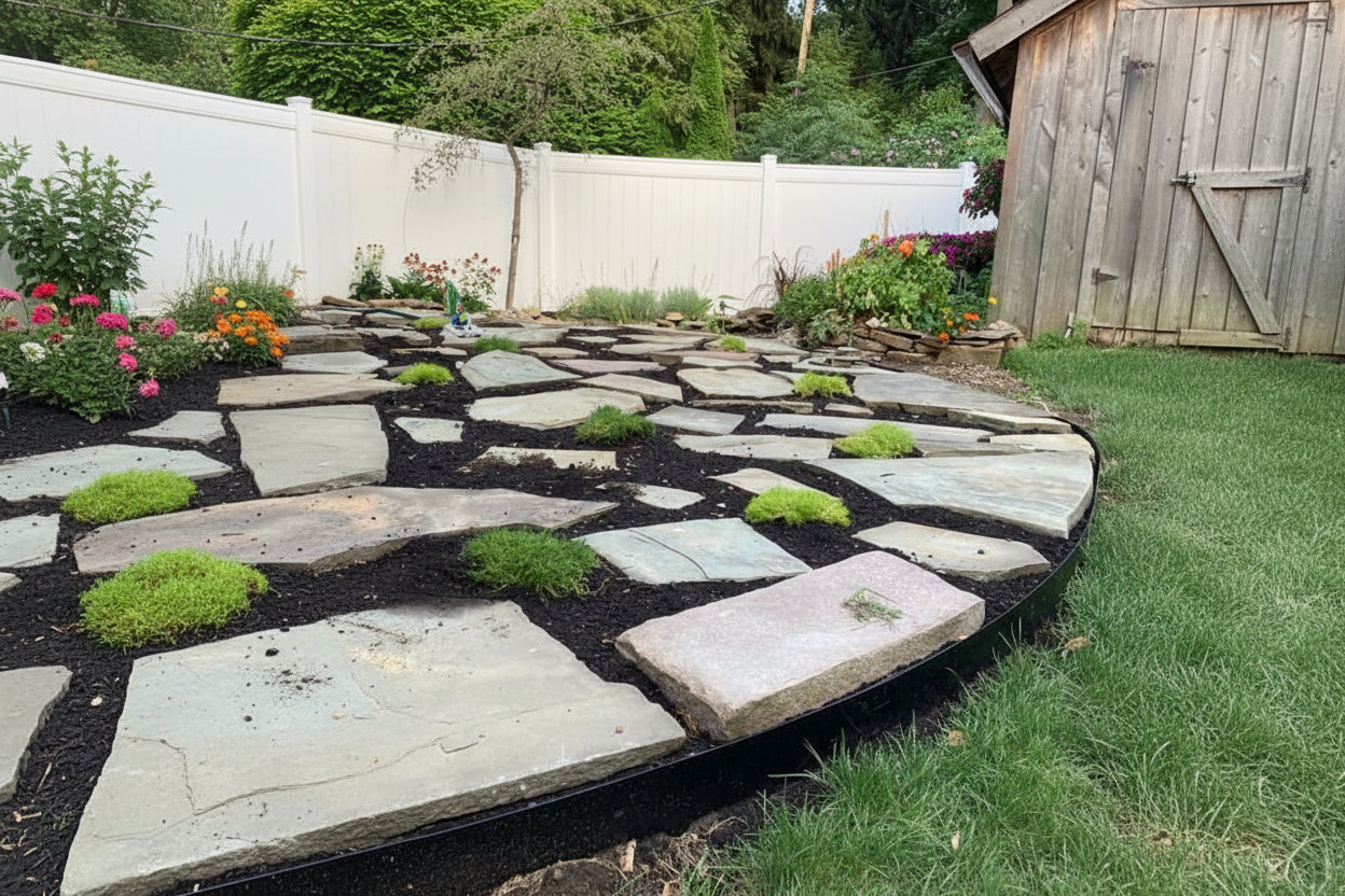 Core Edge Black Powdercoated lanw edging show as a boarder to a low profile raised garden bed with mulch stone and planters. Henderson Garden Supply