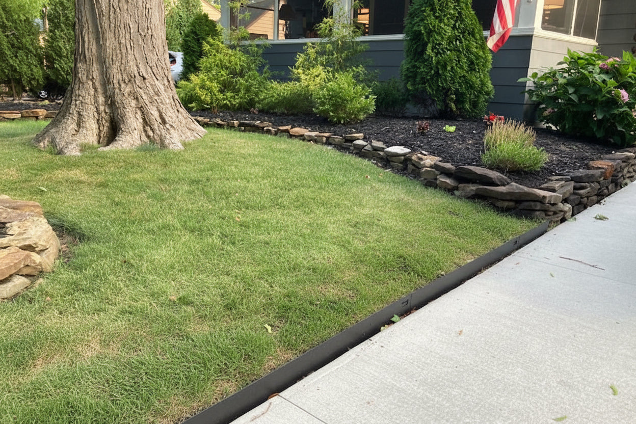 Core Edge flexible steel lawn edging powdercoated in black shown as a boarder between grass and a concrete sidewalk. Henderson Garden Supply