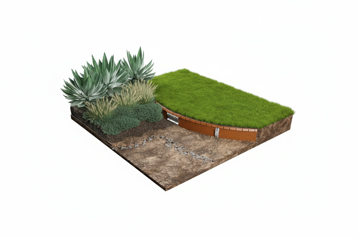 Cross-sectional model of a garden with soil, plants, and grass on a white background.  Henderson Garden Supply