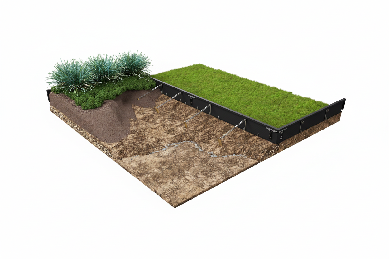 Garden bed using zero flex black powdercoated steel panels with green grass and small plants on a white background.  Henderson Garden Supply