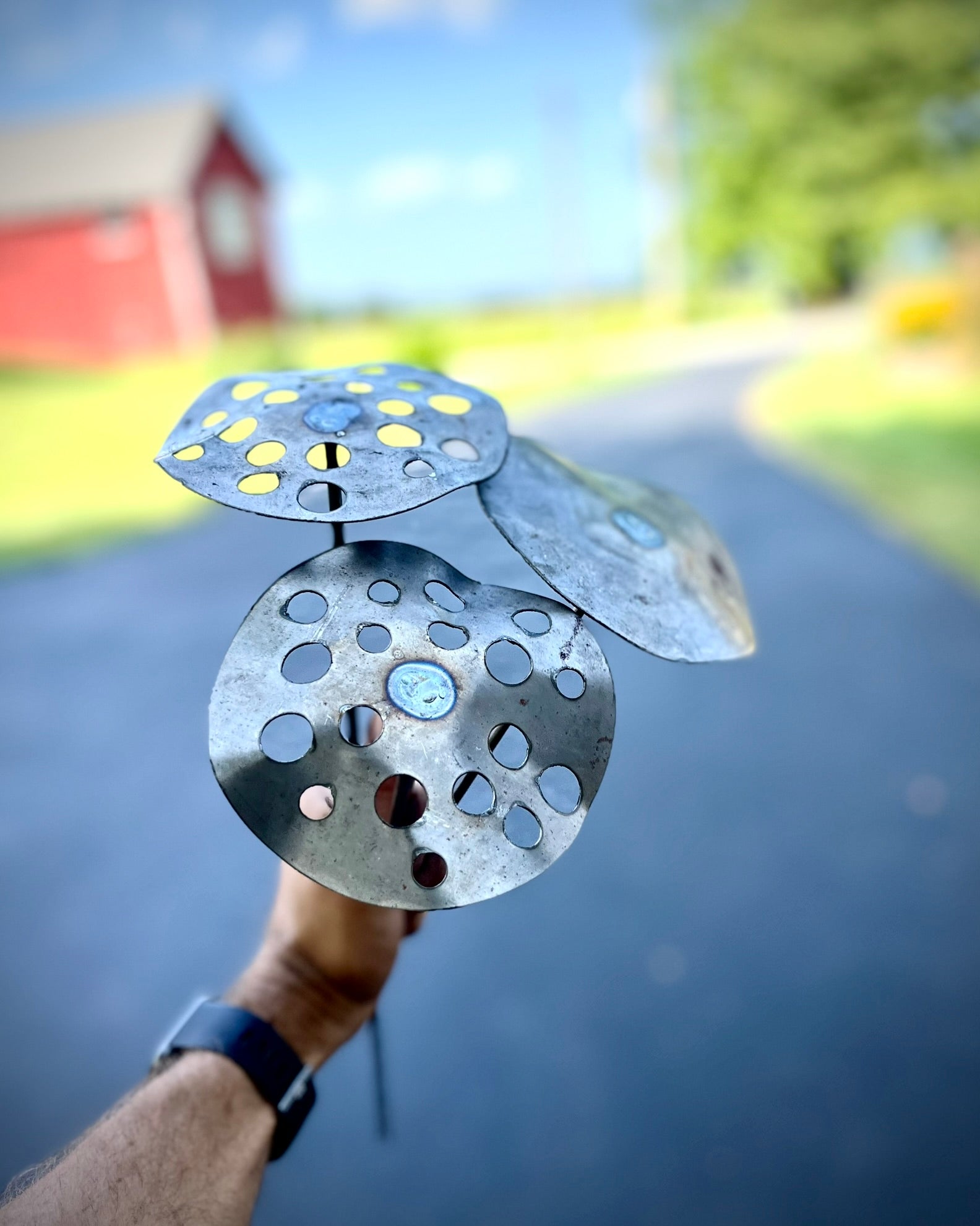 Metal butterfly sculpture held by a person with a blurred road and building in the background