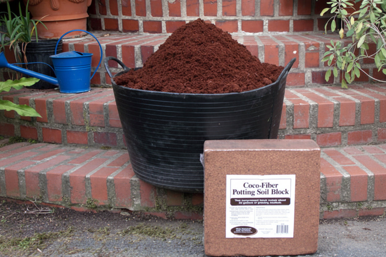 Coco-fiber potting soil block next to a large black container filled with soil on a brick surface.  Henderson Garden Supply