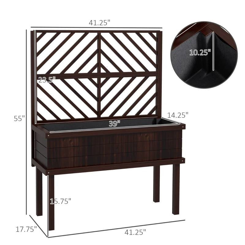 Wooden planter box with geometric design and dimensions on a white background.  Henderson Garden Supply