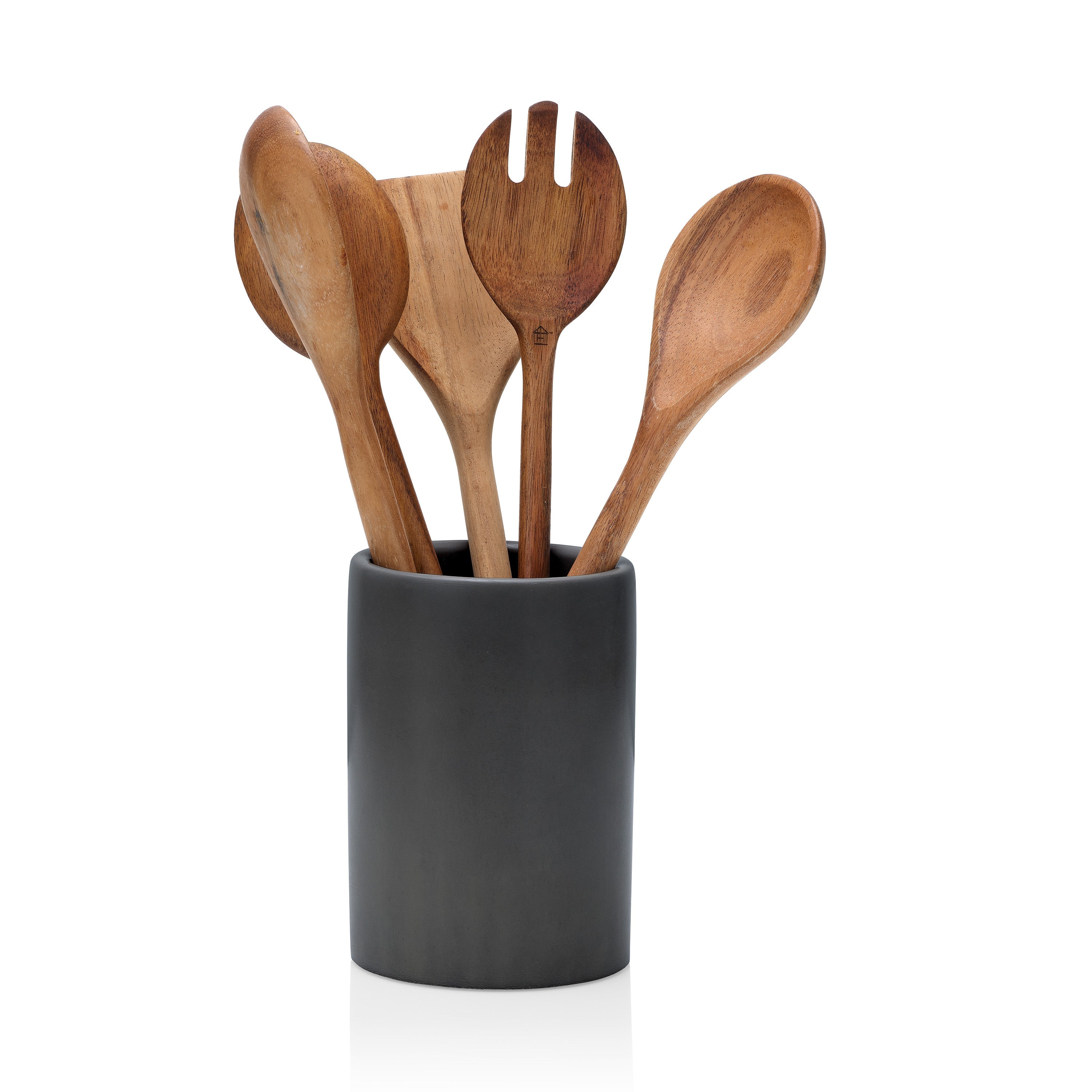 Set of wooden utensils in a black holder on a white background.  Henderson Garden Supply