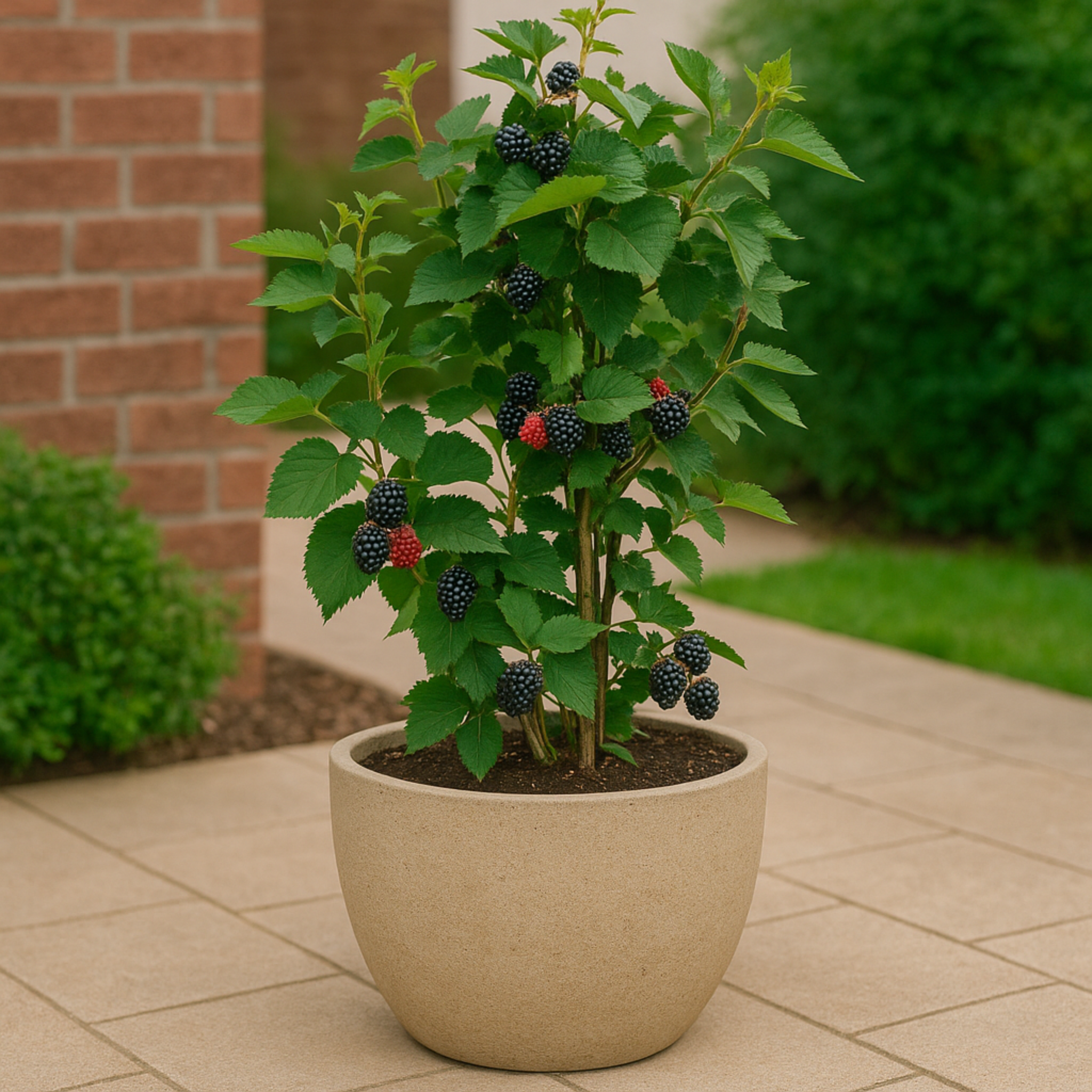 Potted plant with berries on a patio.  Henderson Garden Supply