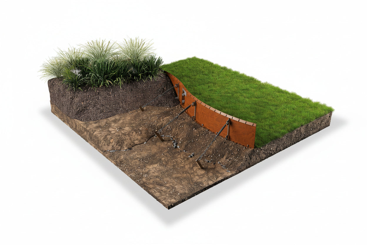 Model of a garden with a weathering steel raised bed and plants on a white background - Henderson Garden Supply