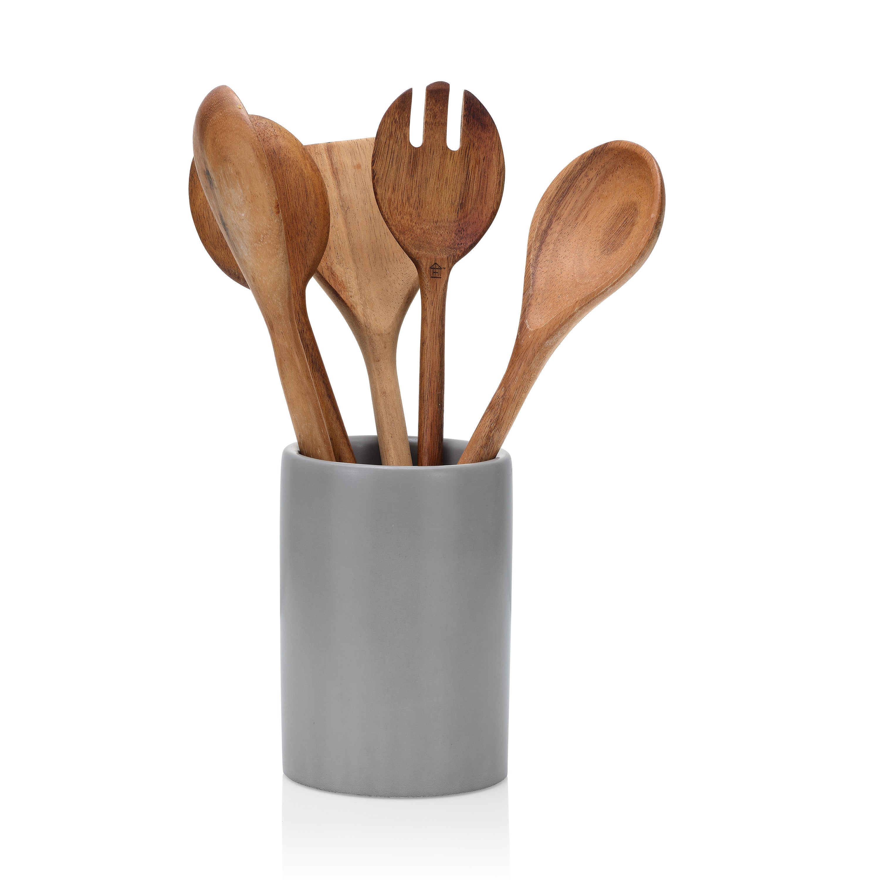 Set of wooden utensils including spoons and a fork in a gray holder on a white background.  Henderson Garden Supply