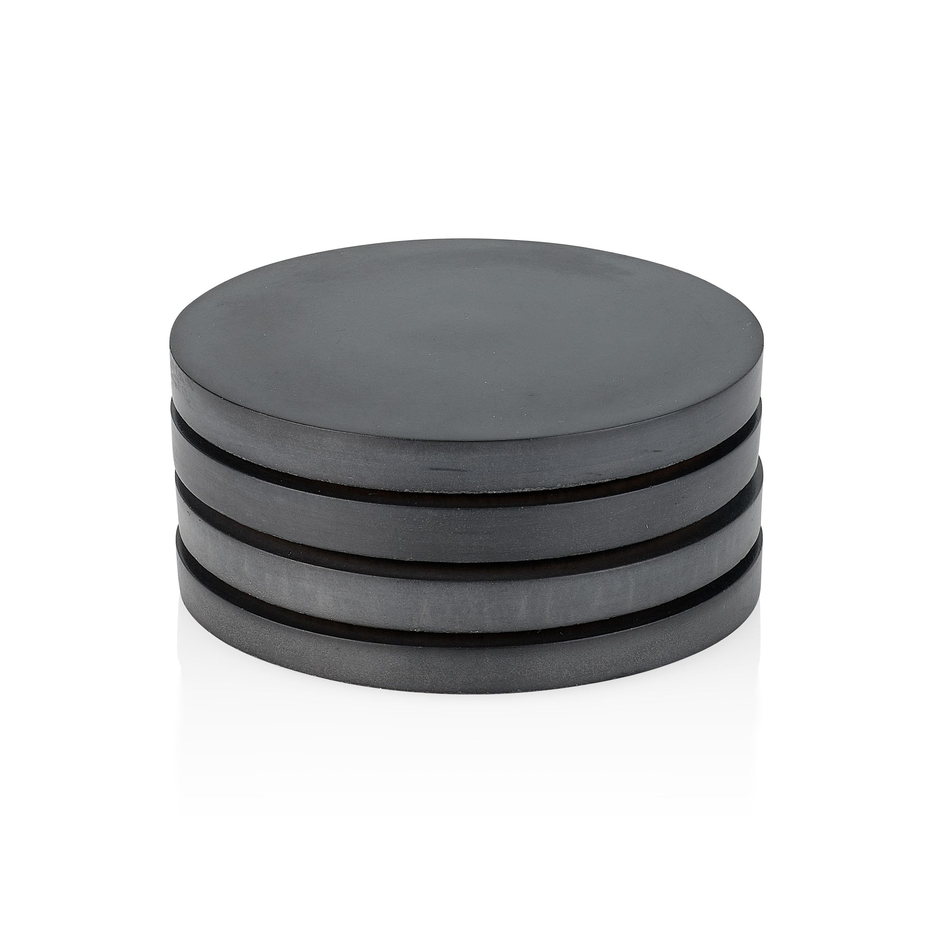 Stack of gray coasters on a white background.  Henderson Garden Supply