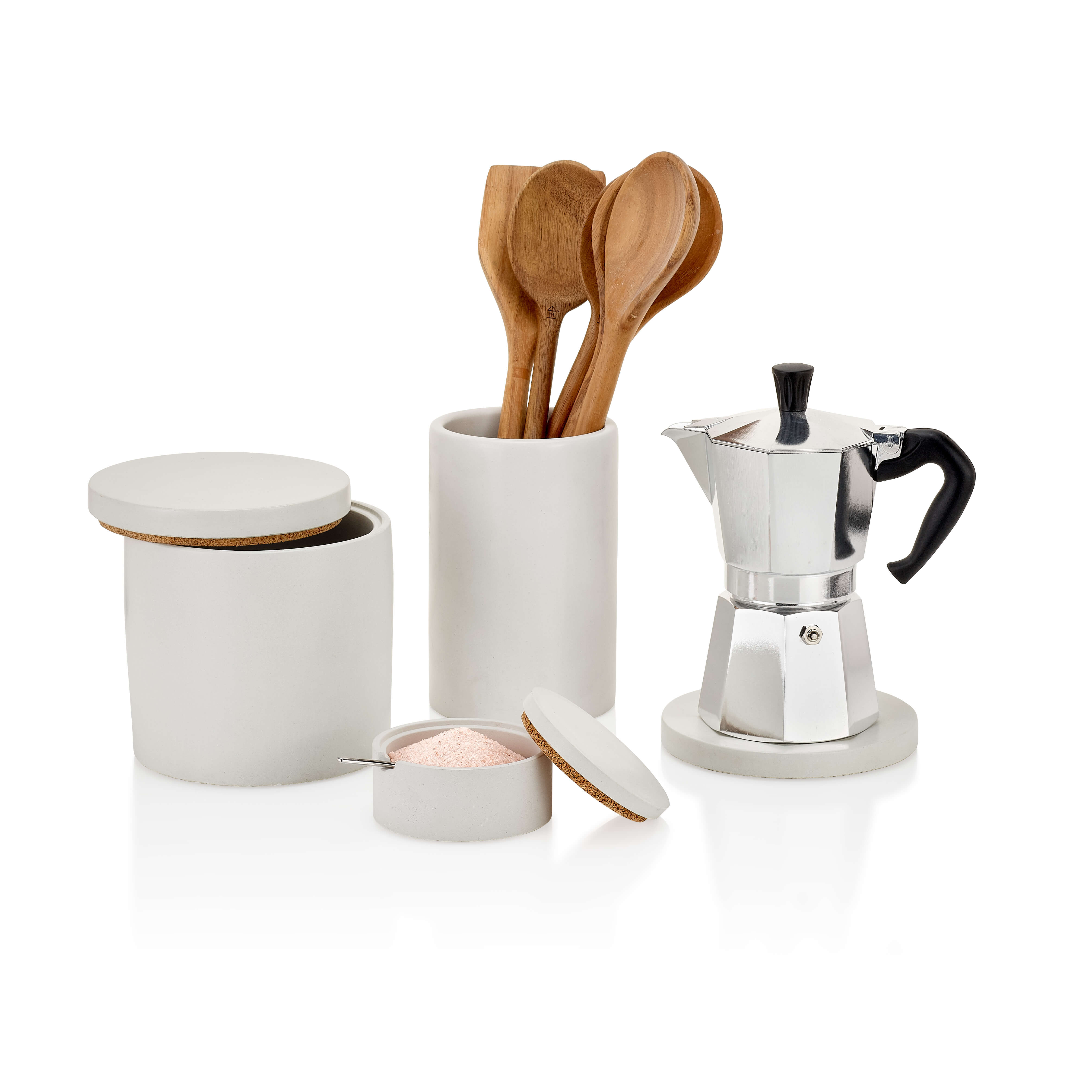 Set of kitchen items including a white container, wooden spoons, and a small espresso maker on a white background.  Henderson Garden Supply