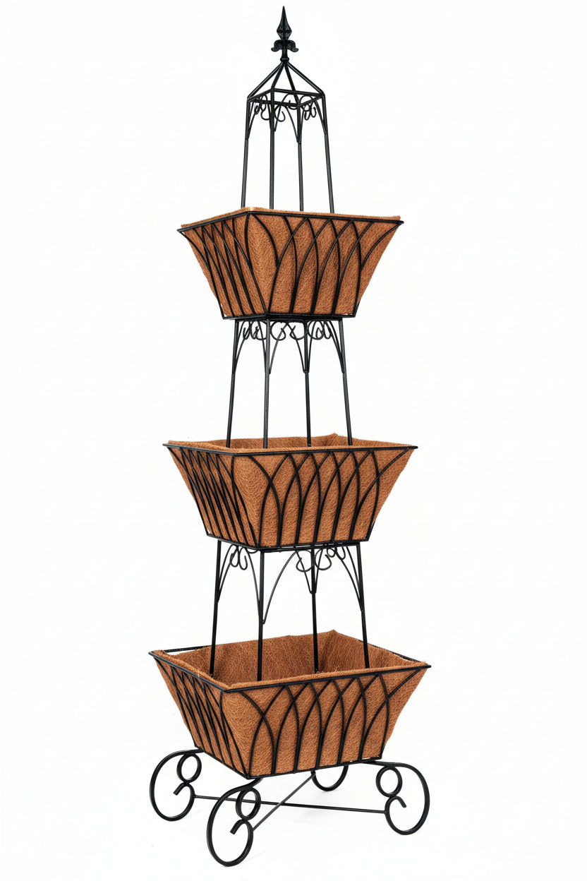 pamela crawford black ornate 3 tiered basket with coco liners shown on a white background - Henderson Garden Supply