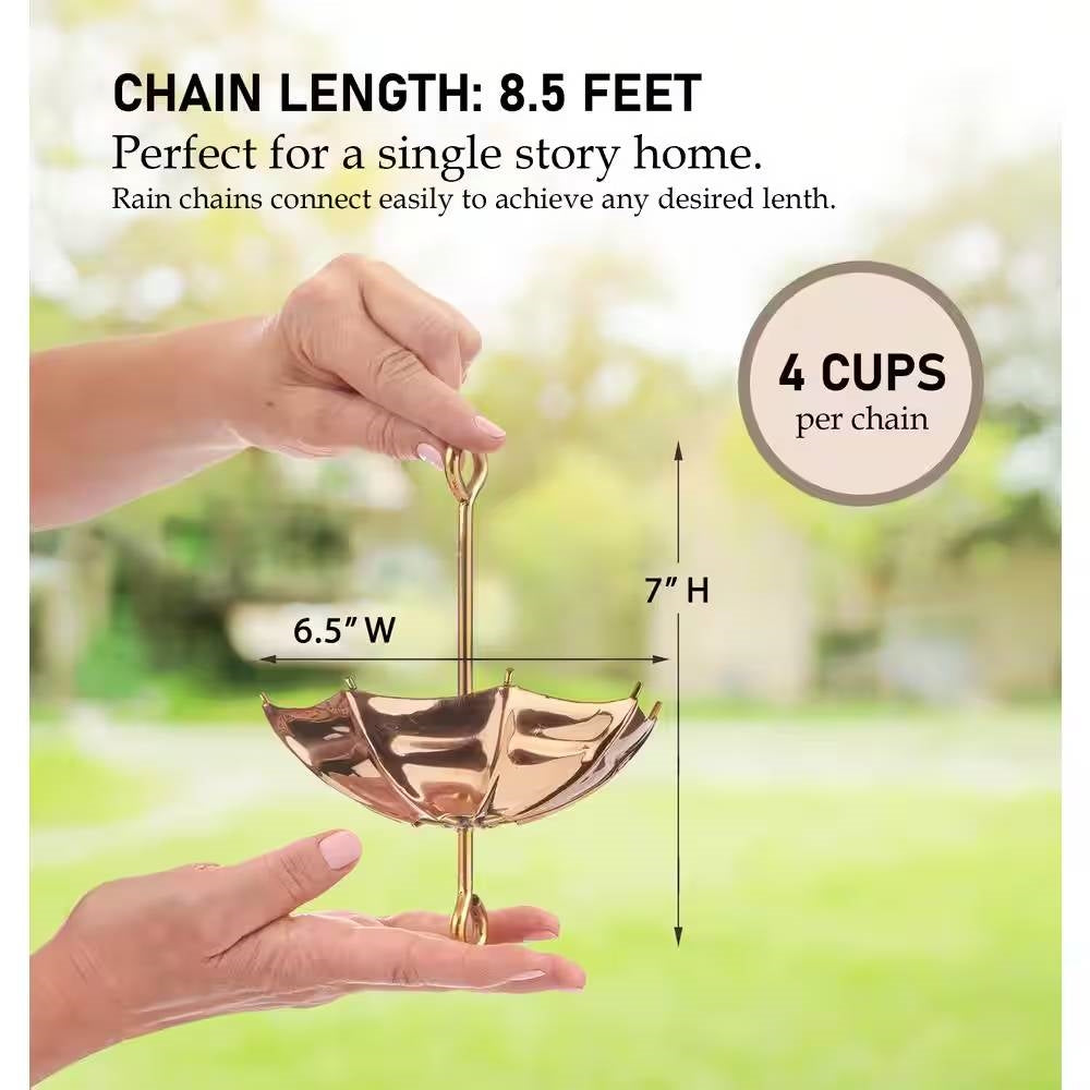 Rose gold rain chain held by hands with measurements and information text.  Henderson Garden Supply
