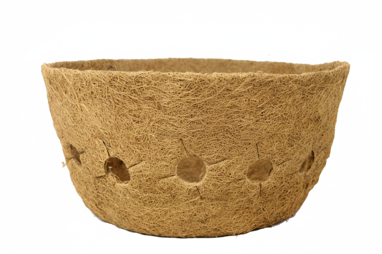 Coir pot with a label on a white background