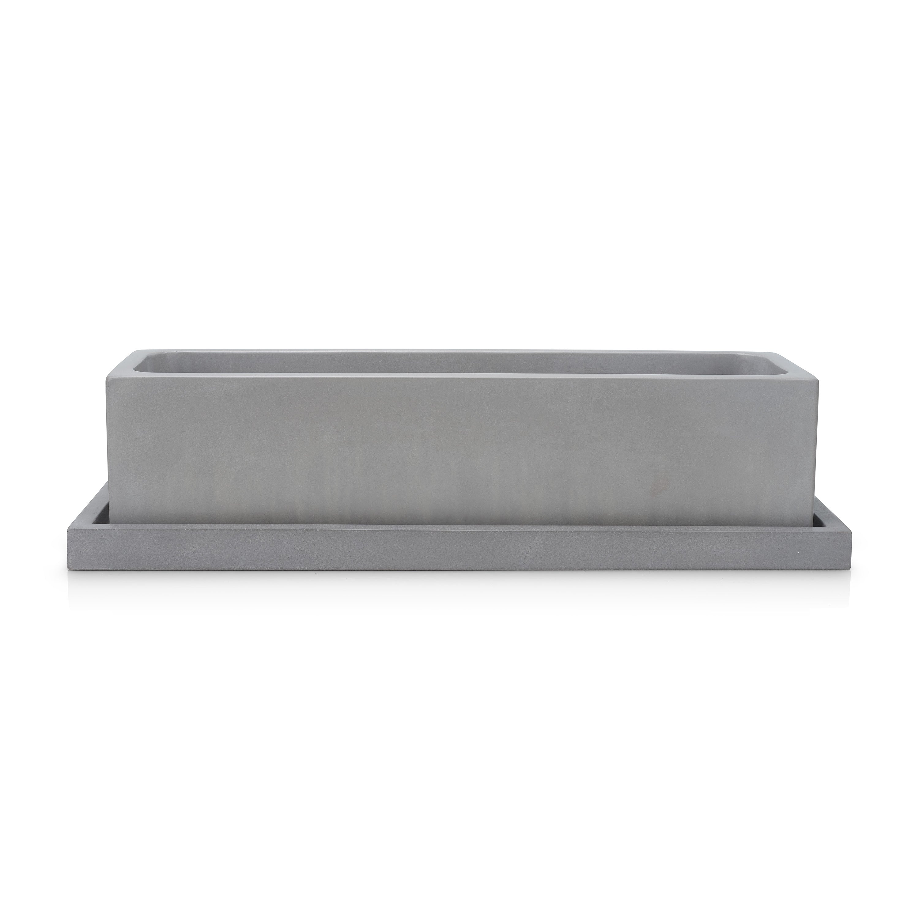 Rectangular gray concrete planter on a white background.  Henderson Garden Supply