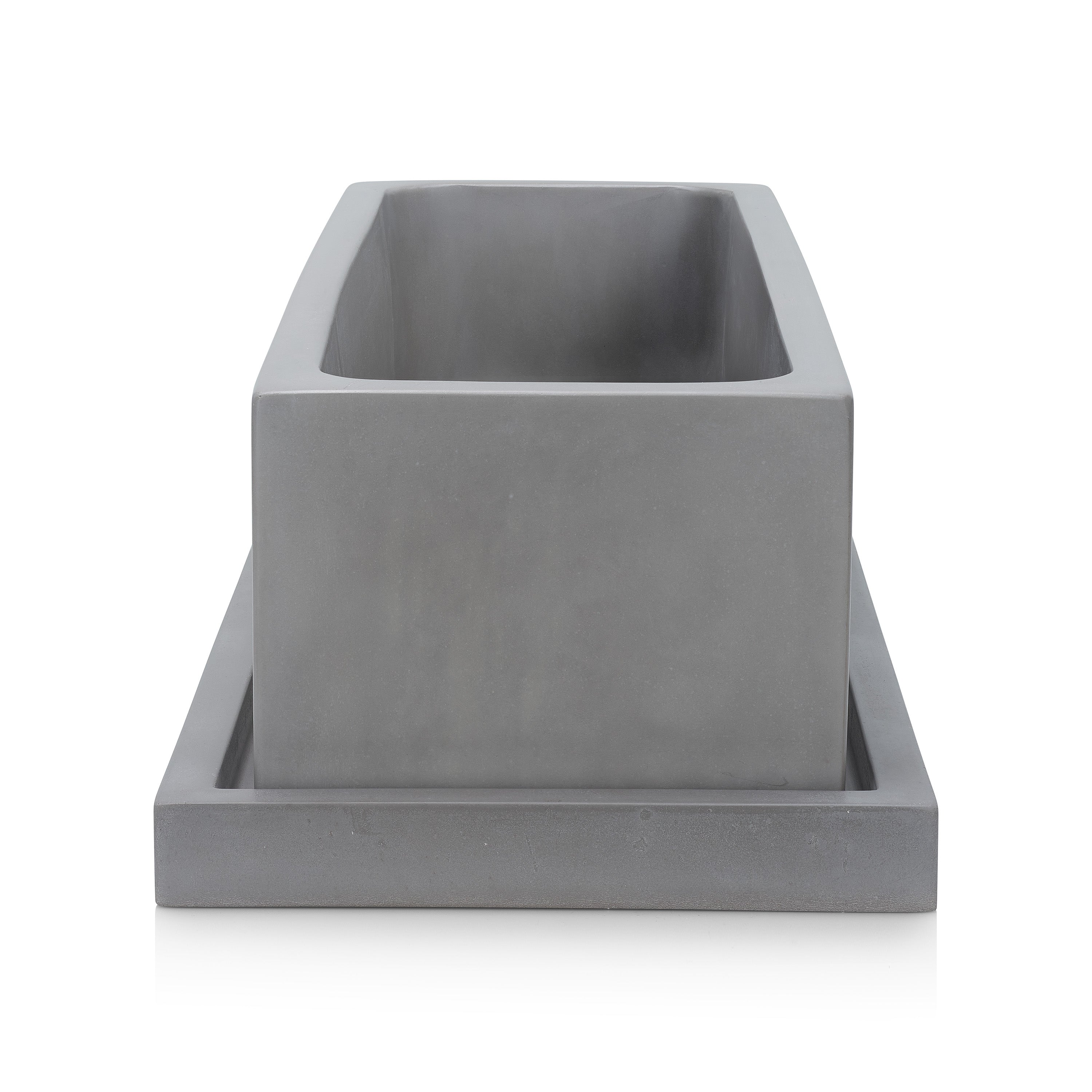 Gray rectangular planter with base on a white background.  Henderson Garden Supply