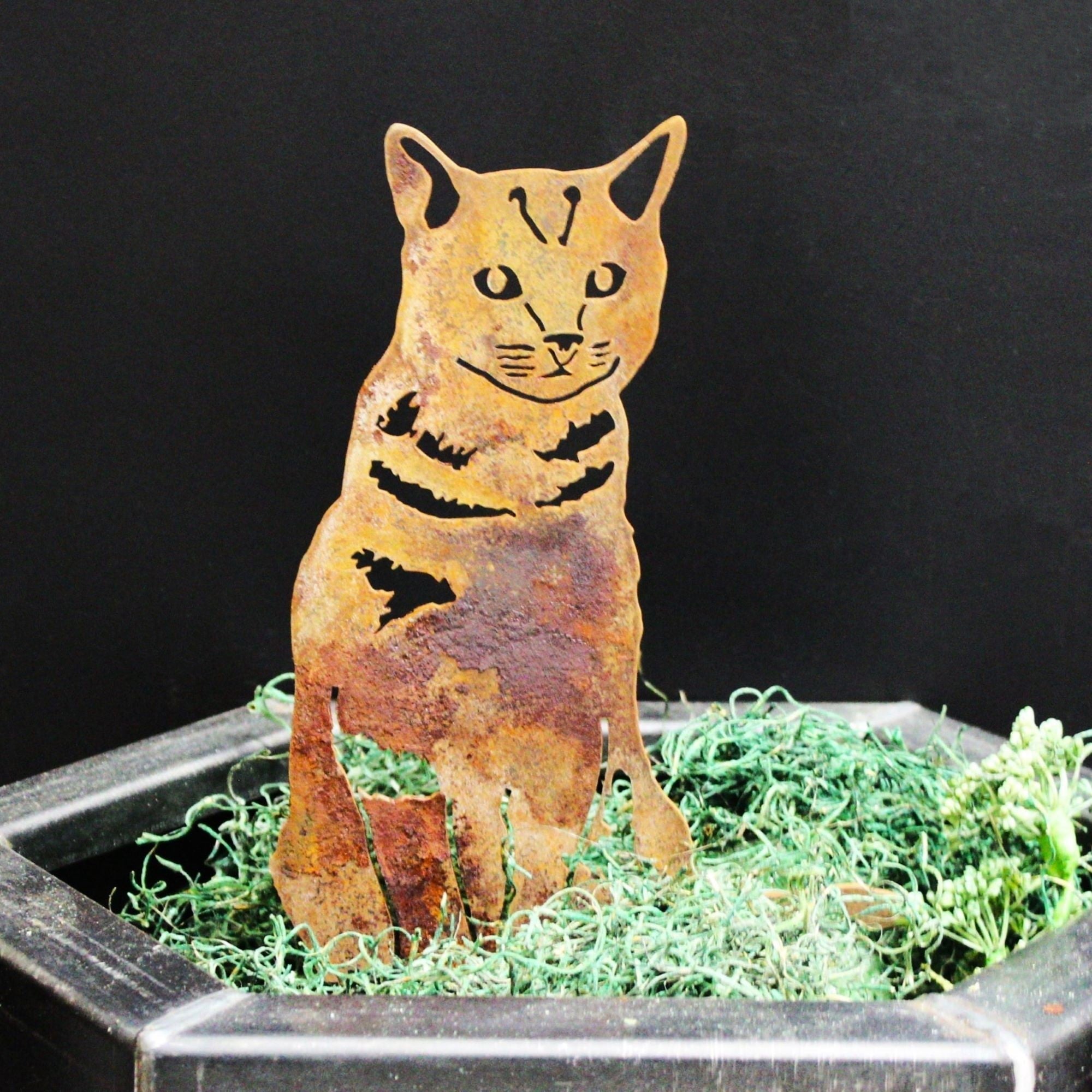 Rust-colored metal cat sculpture on a bed of green moss against a black background.  Henderson Garden Supply