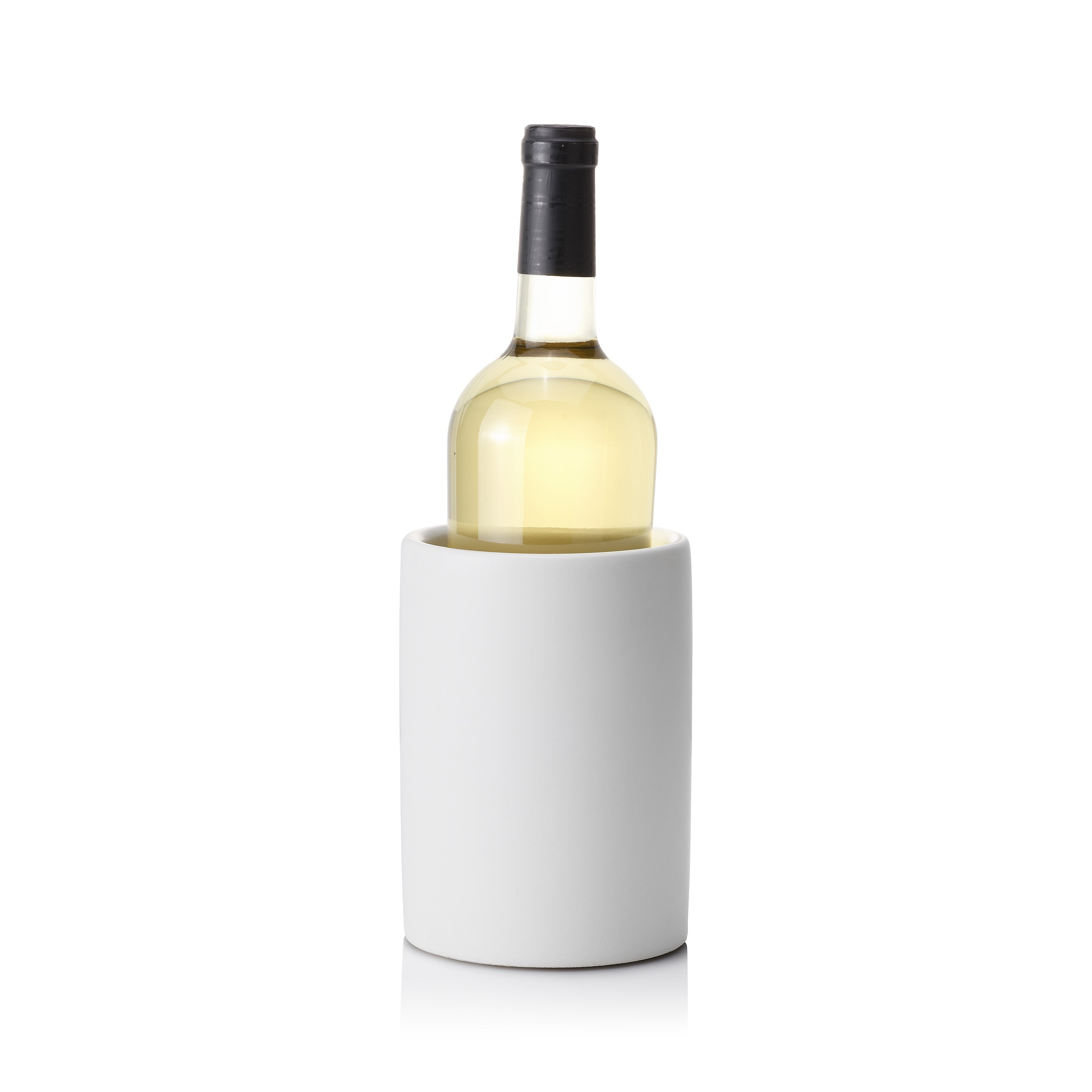 Wine bottle in a white ceramic cooler on a white background.  Henderson Garden Supply