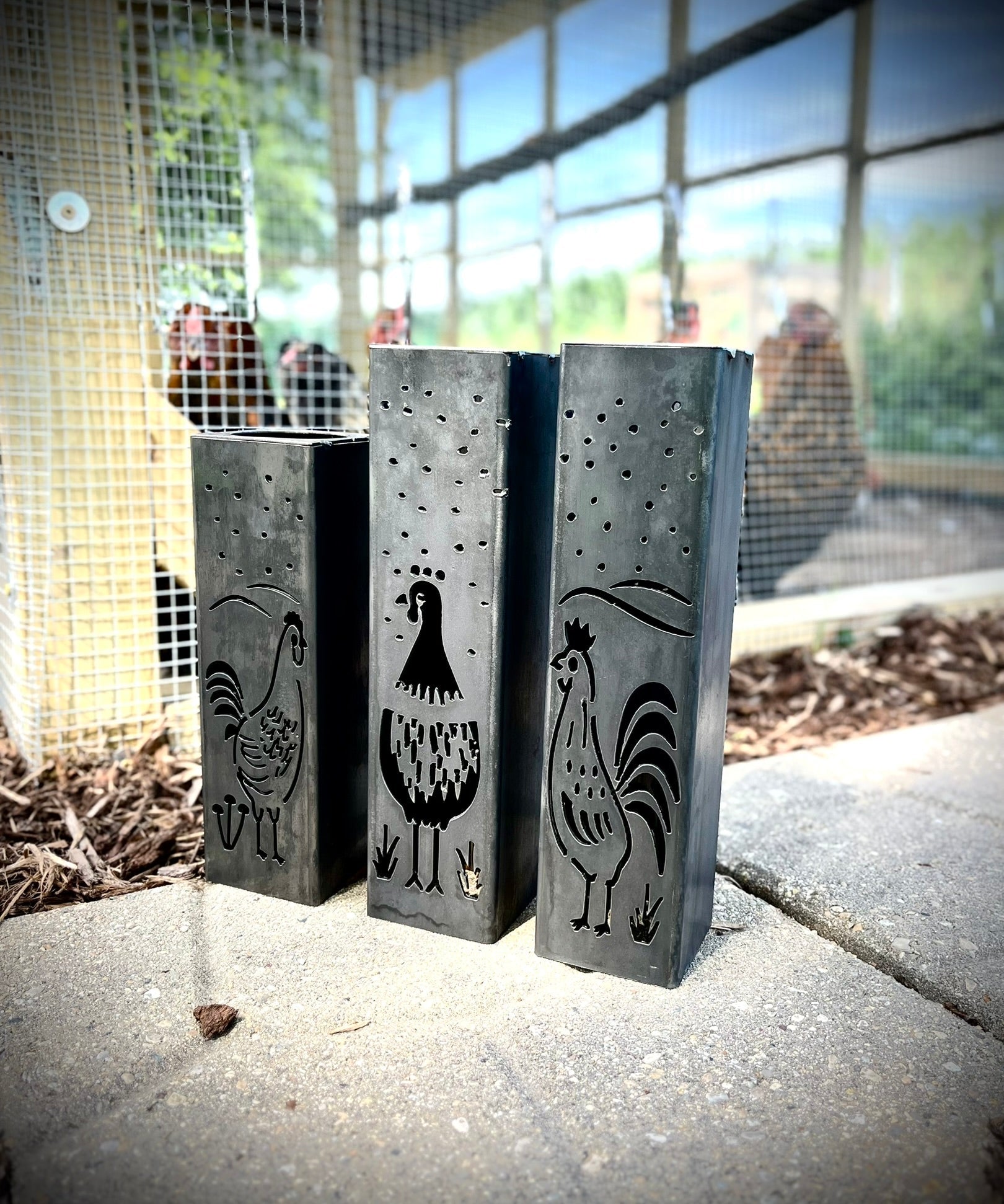Chicken Coop Trio Rustic Pillar w/ Solar Cap