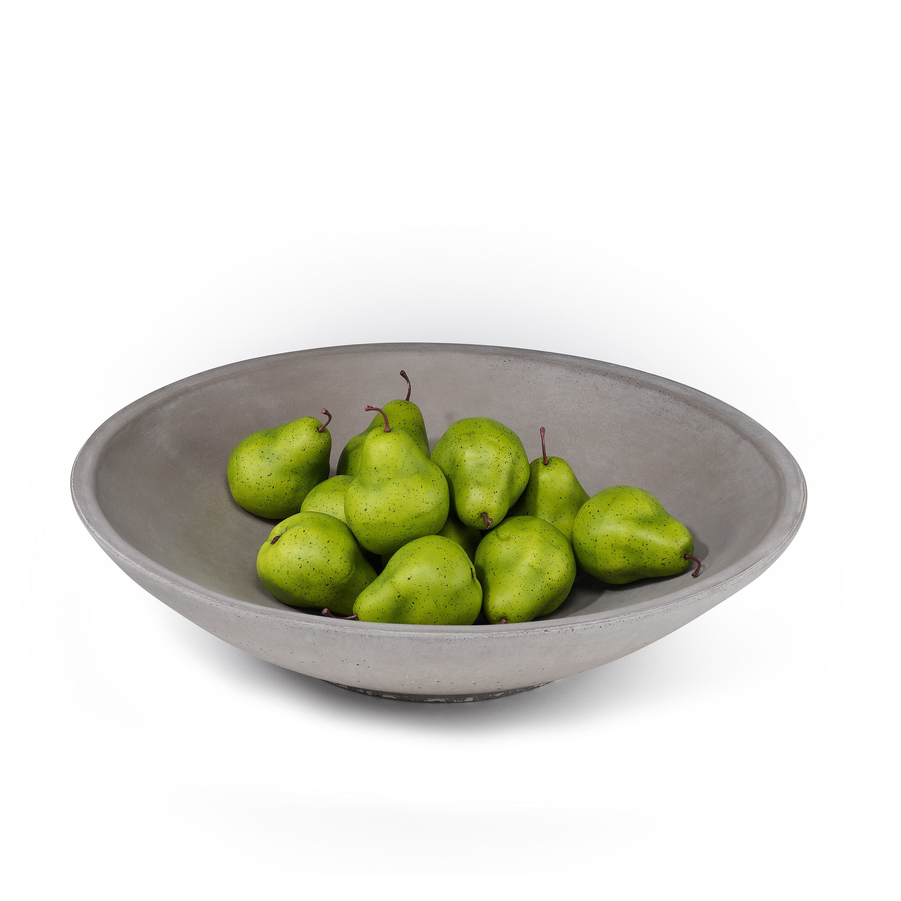 Gray bowl filled with green pears on a white background.  Henderson Garden Supply