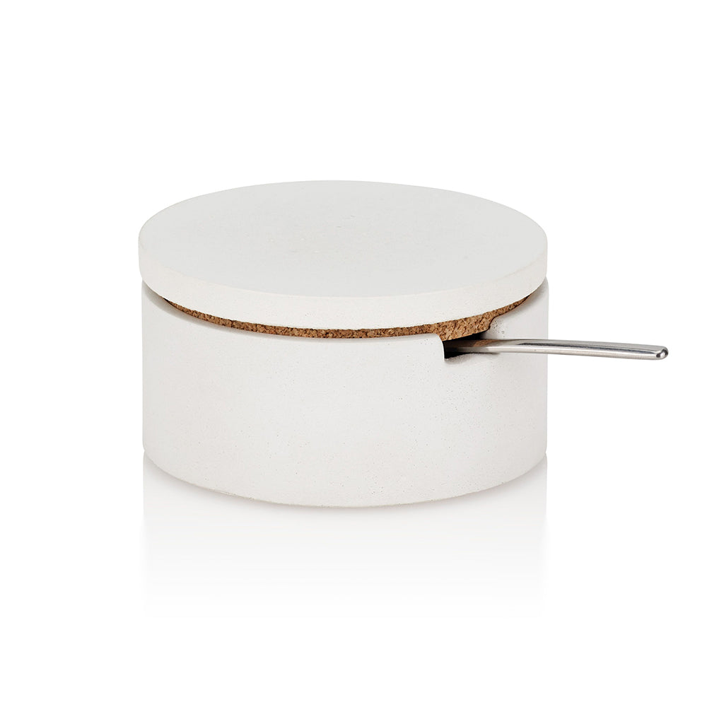 White concrete pot with a wooden lid on a white background.  Henderson Garden Supply