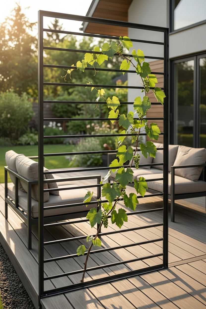 Decorative metal screen with greenery on a wooden deck.  Henderson Garden Supply
